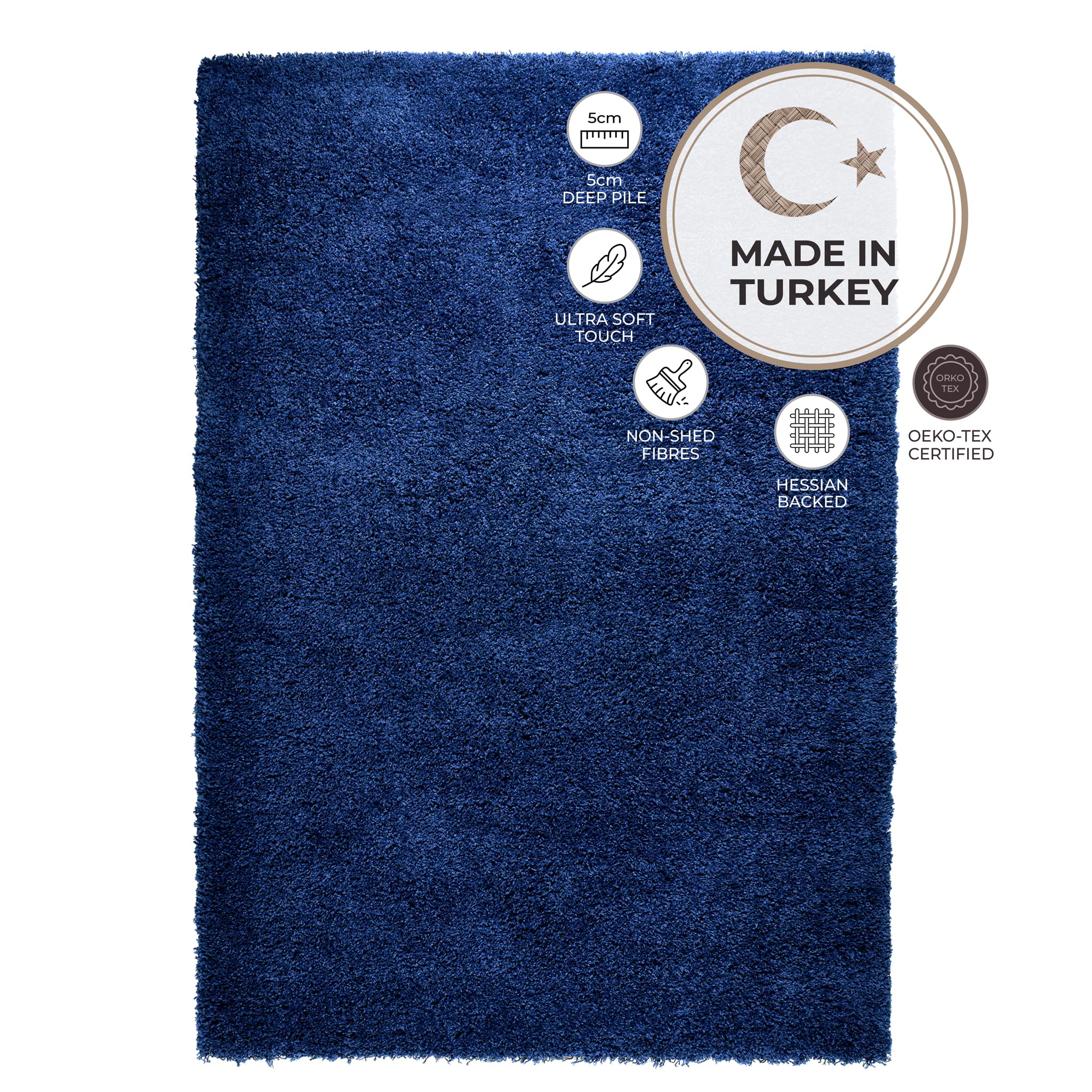 Bravich Navy Blue Shaggy Rug 80 x 150cm (2'7" x 4'11") 5cm Pile Medium Thick Fluffy Living Room Hessian Backed Washable — view 4