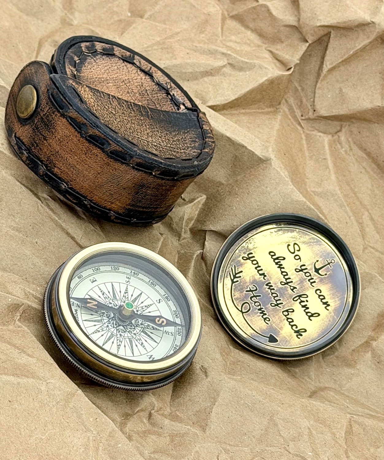 So You Can Always Find Your Way Back Home – Luxury Engraved Brass Pocket Compass with Leather Case – Inspirational Anniversary & Graduation Gift for Men