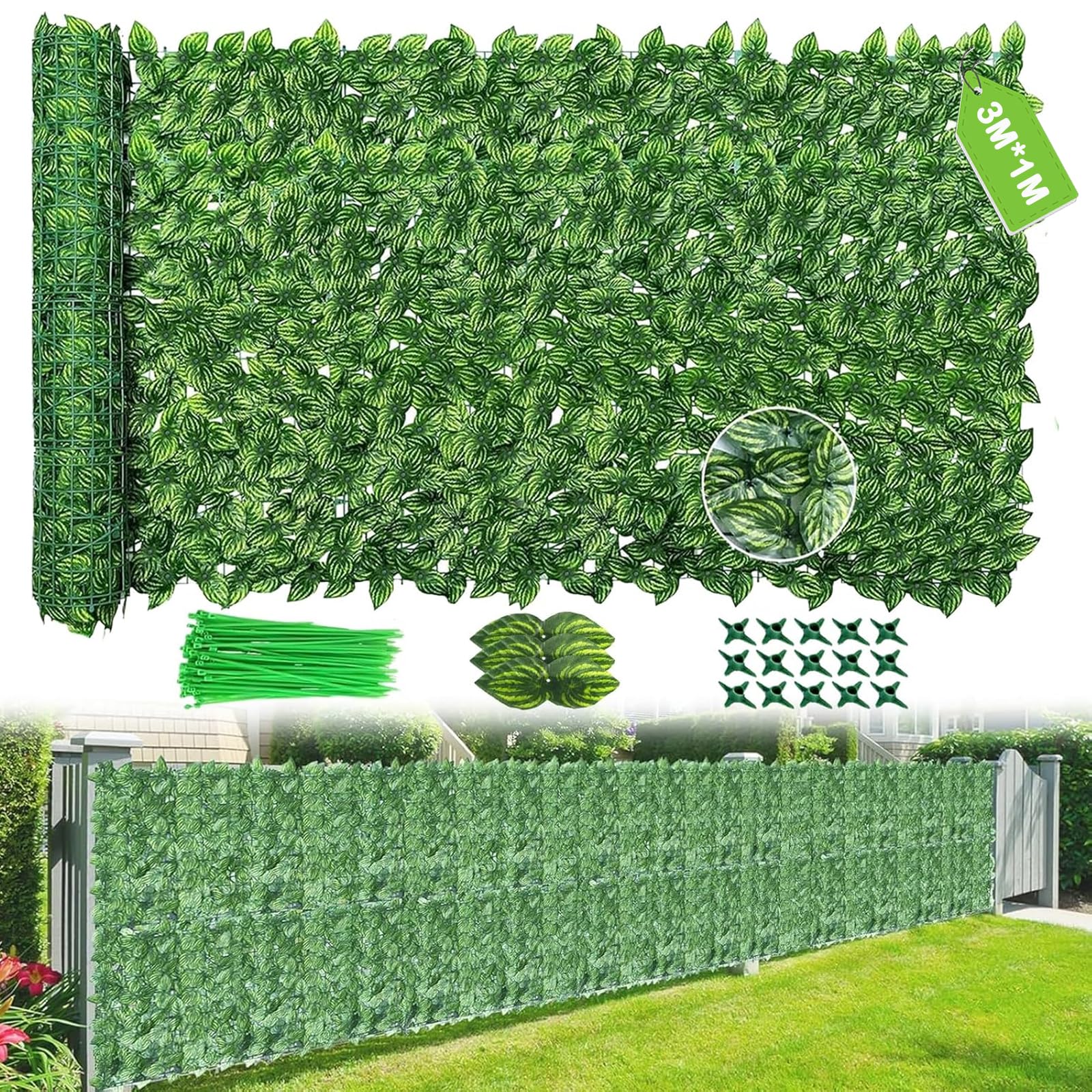 Artificial Ivy Fence Screening, 3M X 1M Garden Screening with 100pcs Zip Ties,Garden Screening Roll,Ivy Trellis Screening,Artificial Leaf Trellis,Foliage Wall Panel,UV Resistant