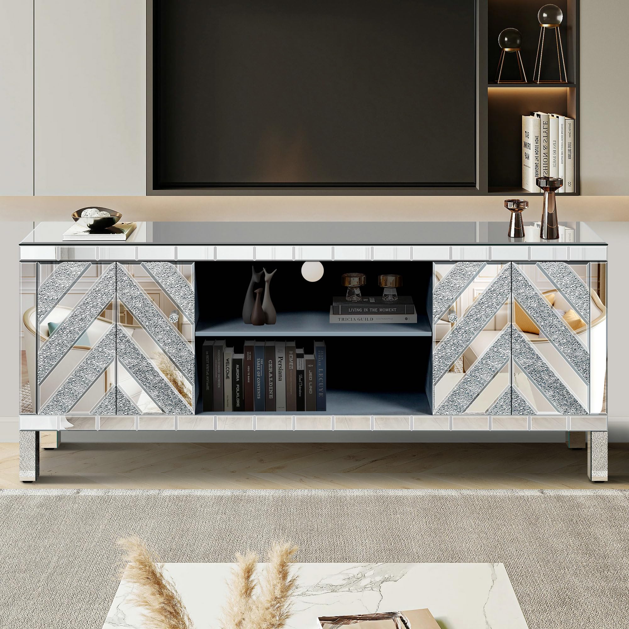 RuiSiSi Mirrored TV Stand with Open Storage & 2 Storage Cabinets, Glass Entertainment Centerwith M Shape Sparkling Mirror Doors, TV Console Table for