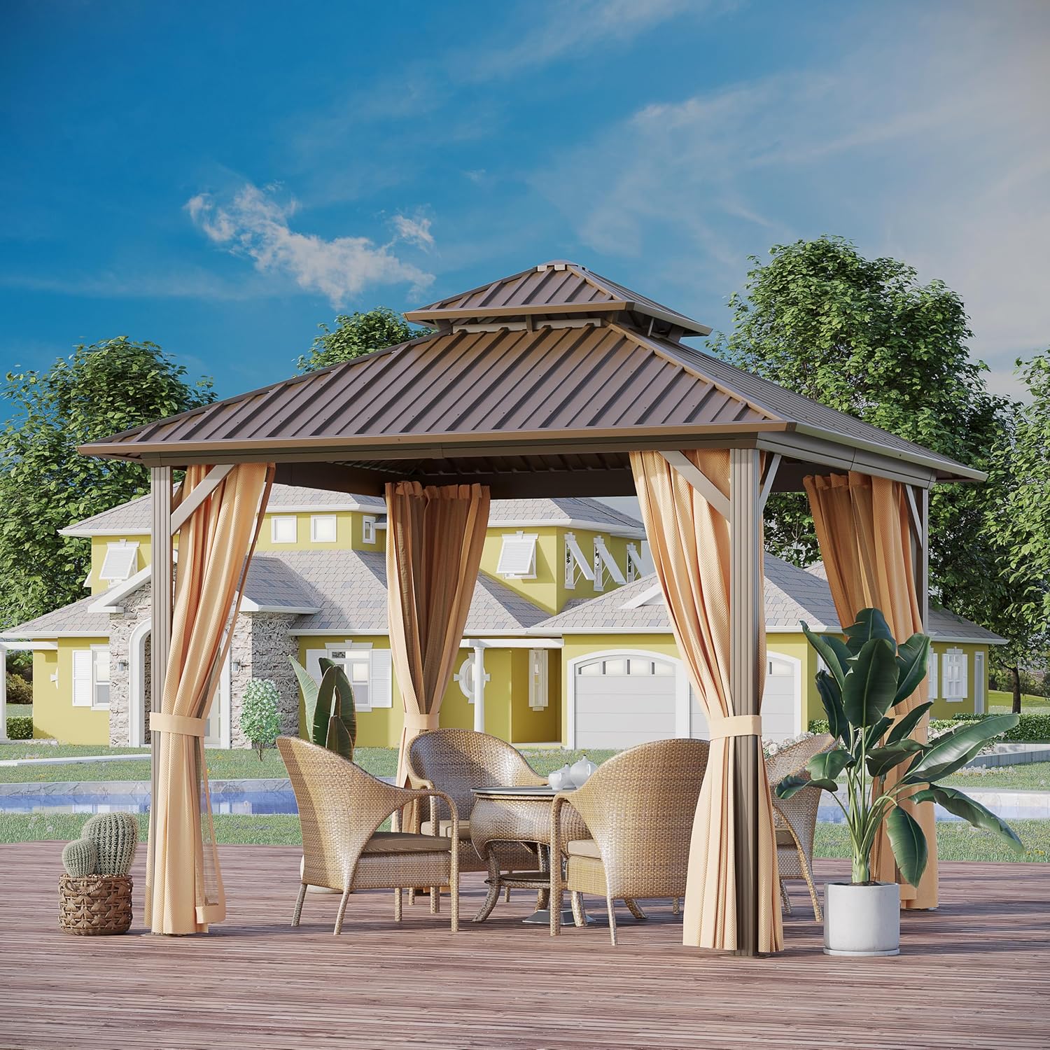 10’x10′ Hardtop Gazebo Outdoor Aluminum Patio Gazebo Double Roof Galvanized Steel Canopy with Netting and Curtains,for Garden, Backyard,Deck and Lawns