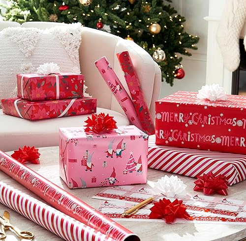 Miniatura 9 de American Greetings Juego de papel de regalo de Navidad rosa de 120 pies cuadrados, rojo y rosa (4 rollos de 30 pulgadas x 12 pies, 7 lazos, 30