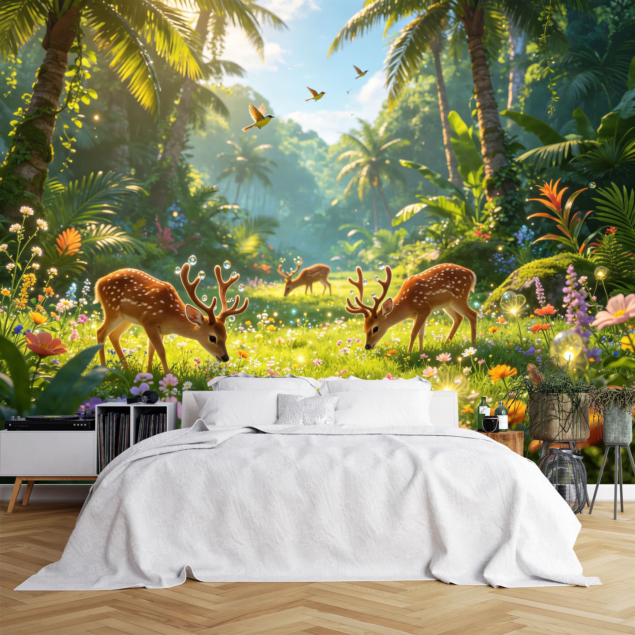 Lcythiazole Ch260615159 Custom Size Wall Murals Tropical Rainforest Sika Deer Meadow Wall Murals Enchanted Jungle Wallpaper Hd Home Decor Self-Adhesive Removable Wallpaper For Kids Bedroom