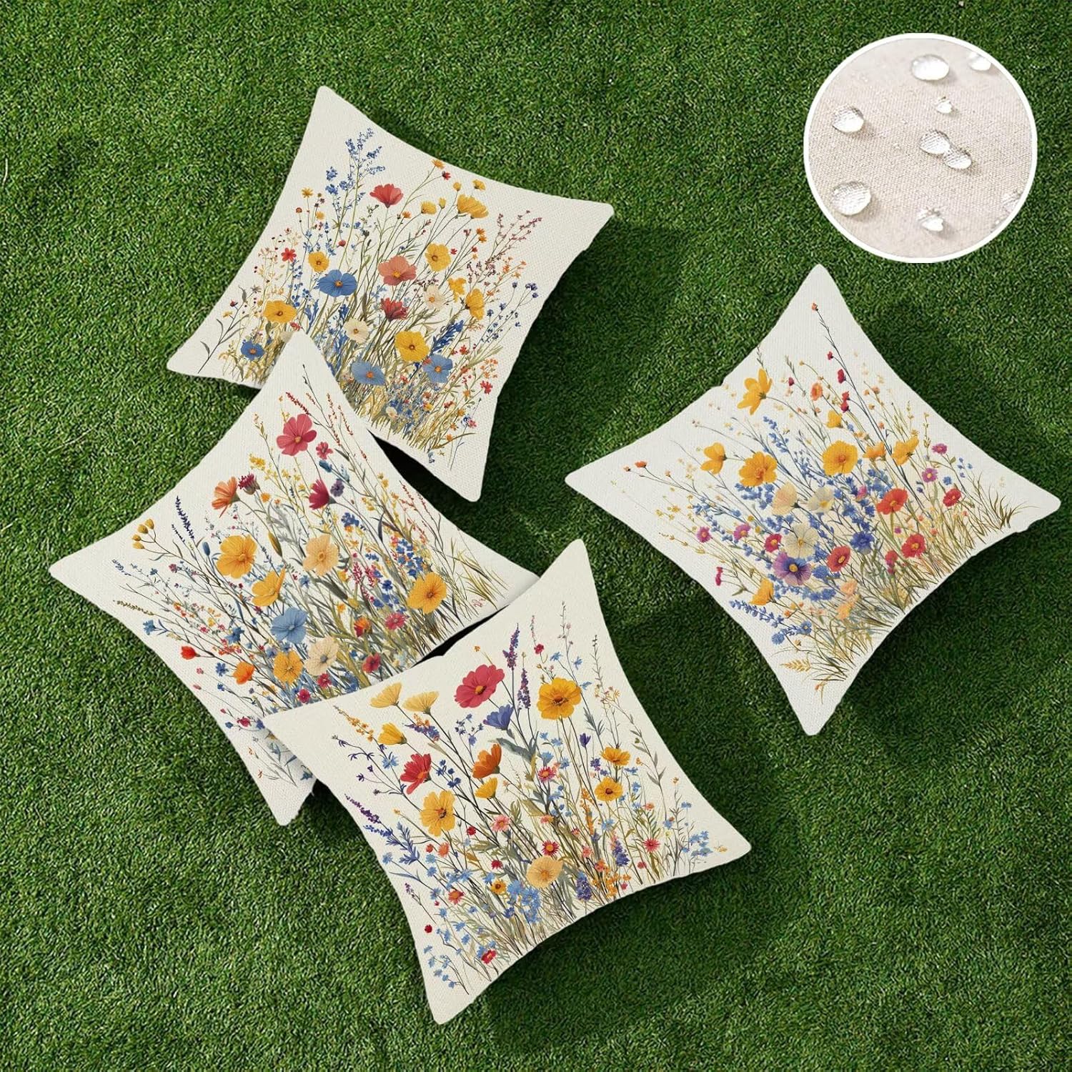 Outdoor Pillow Covers 14x14 Inch, Set of 4 Waterproof Outdoor Throw Pillow Covers, Decorative Square Cream Linen Cushion Cases, Flowers Pillowcases for Patio Funiture Garden Balcony Couch Sofa, A-15