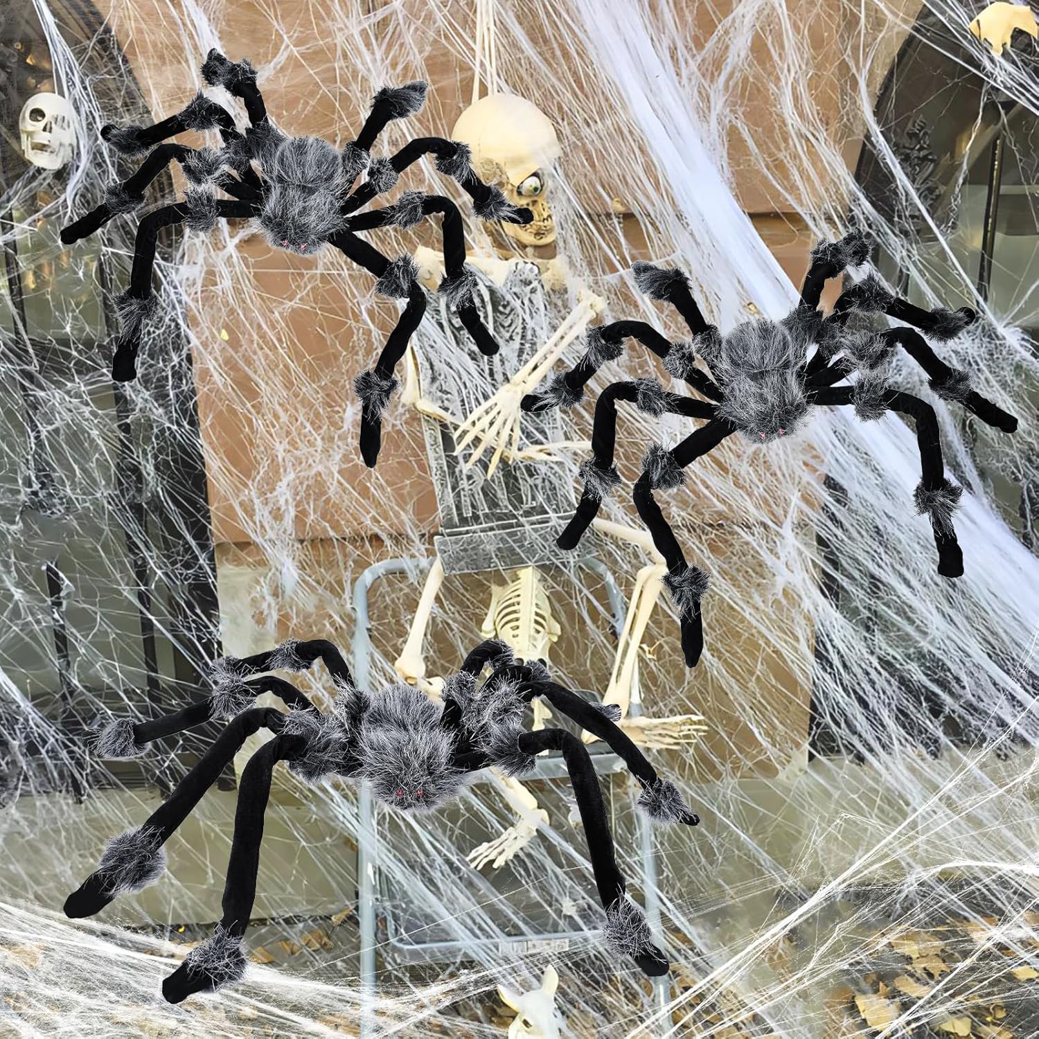 Abakuku 3 Pack Spiders Halloween Decorations, 27in Halloween Indoor and Outdoor Decoration Furry Horror Spider Set for Yard, Porch, Haunted House, Party