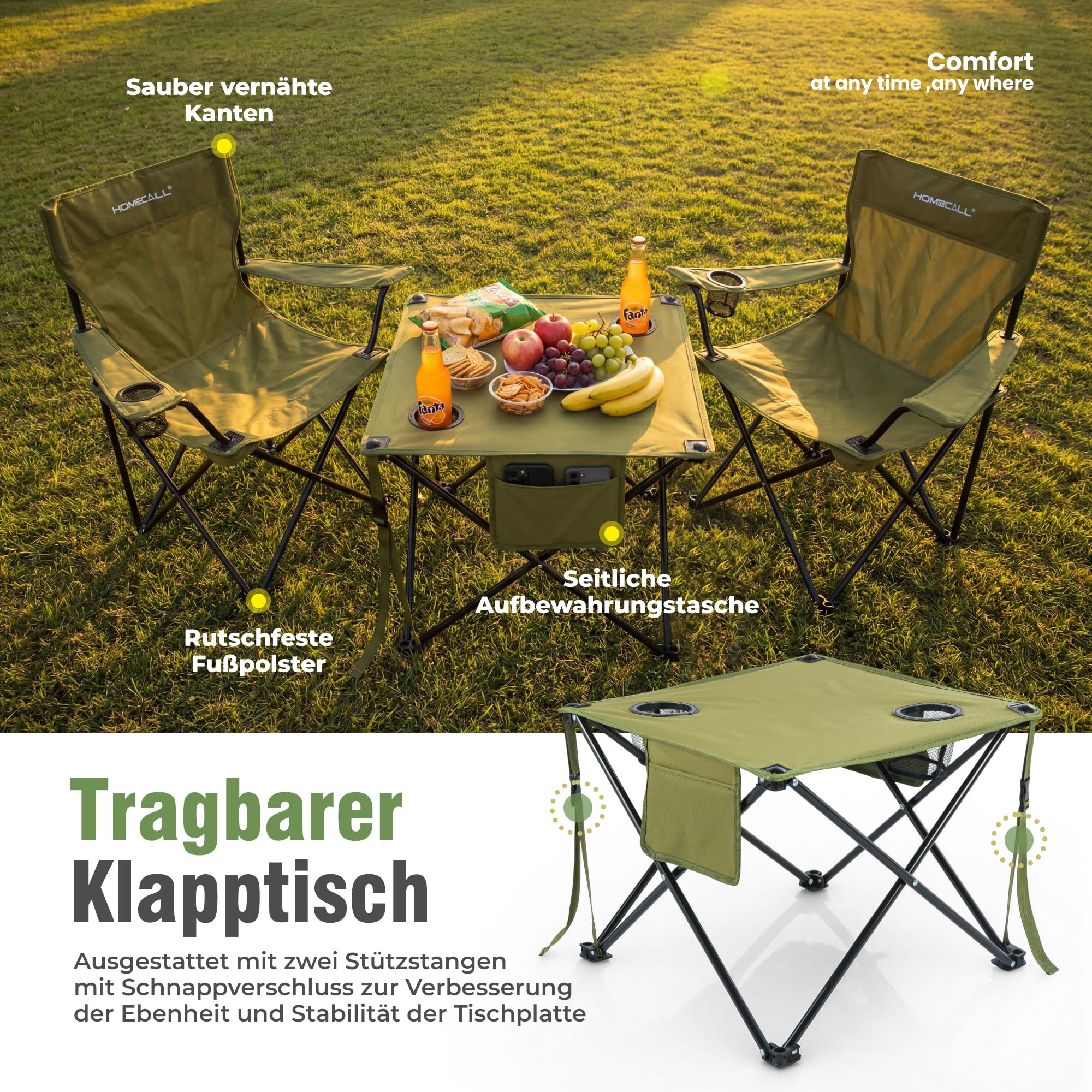 Homecall Camping Tisch Stuhl Set, faltbares Campingtisch mit Stühlen