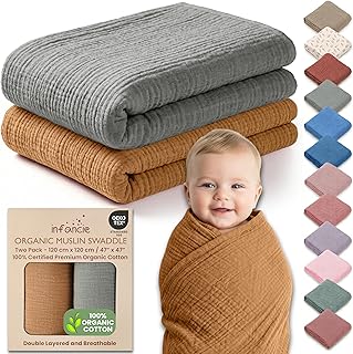 100% Organic Cotton Muslin Baby Blanket - 47 x 47 Inch Breathable Baby Blankets for Girls, Hypoallergenic Double-Layer, Soft and Cozy Newborn Baby Blanket for Sleeping & Everyday (Gold/Sage)