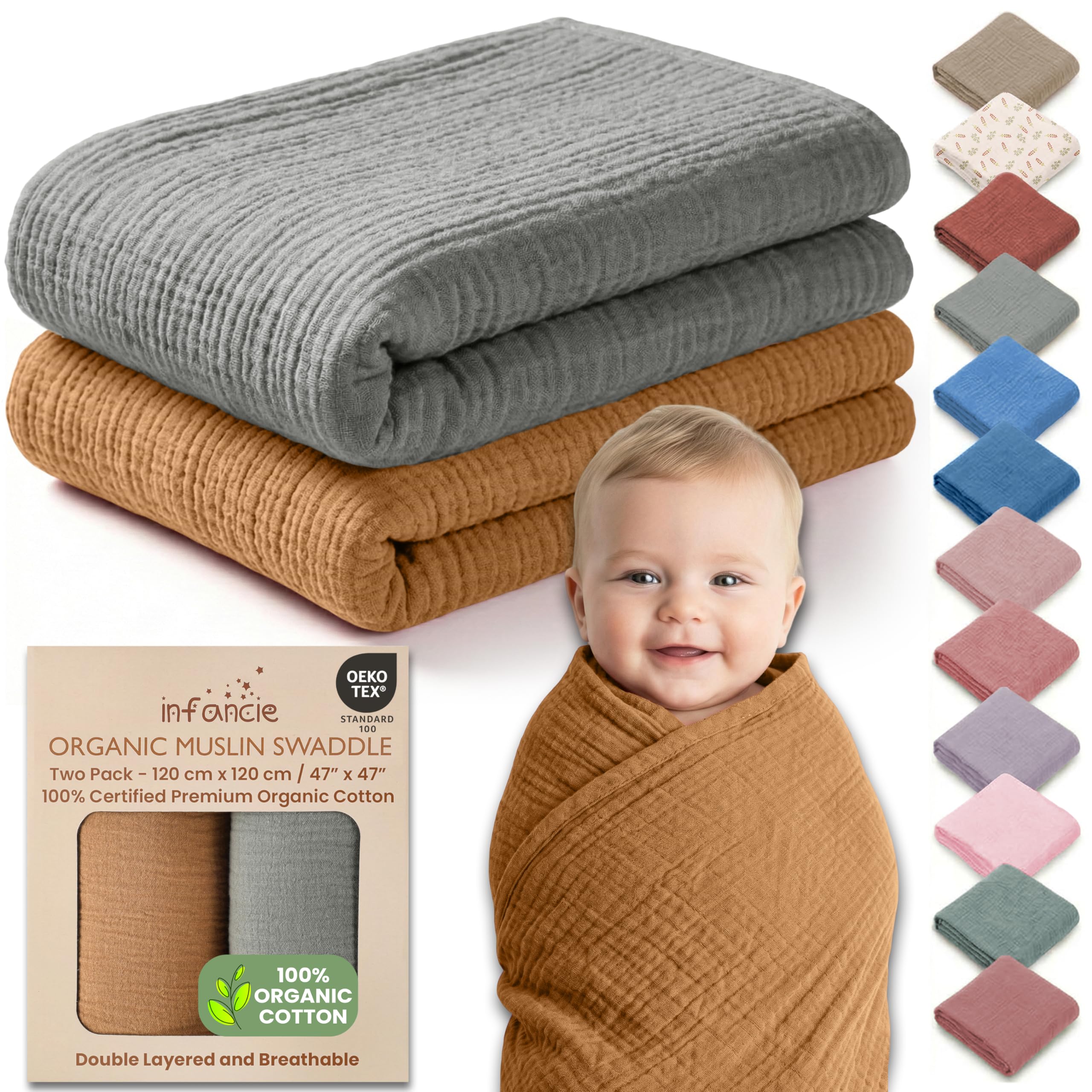 Infancie Men's Gold/Sage Organic Cotton Muslin Baby Blanket Swaddle 120X120cm Newborn Gift ()