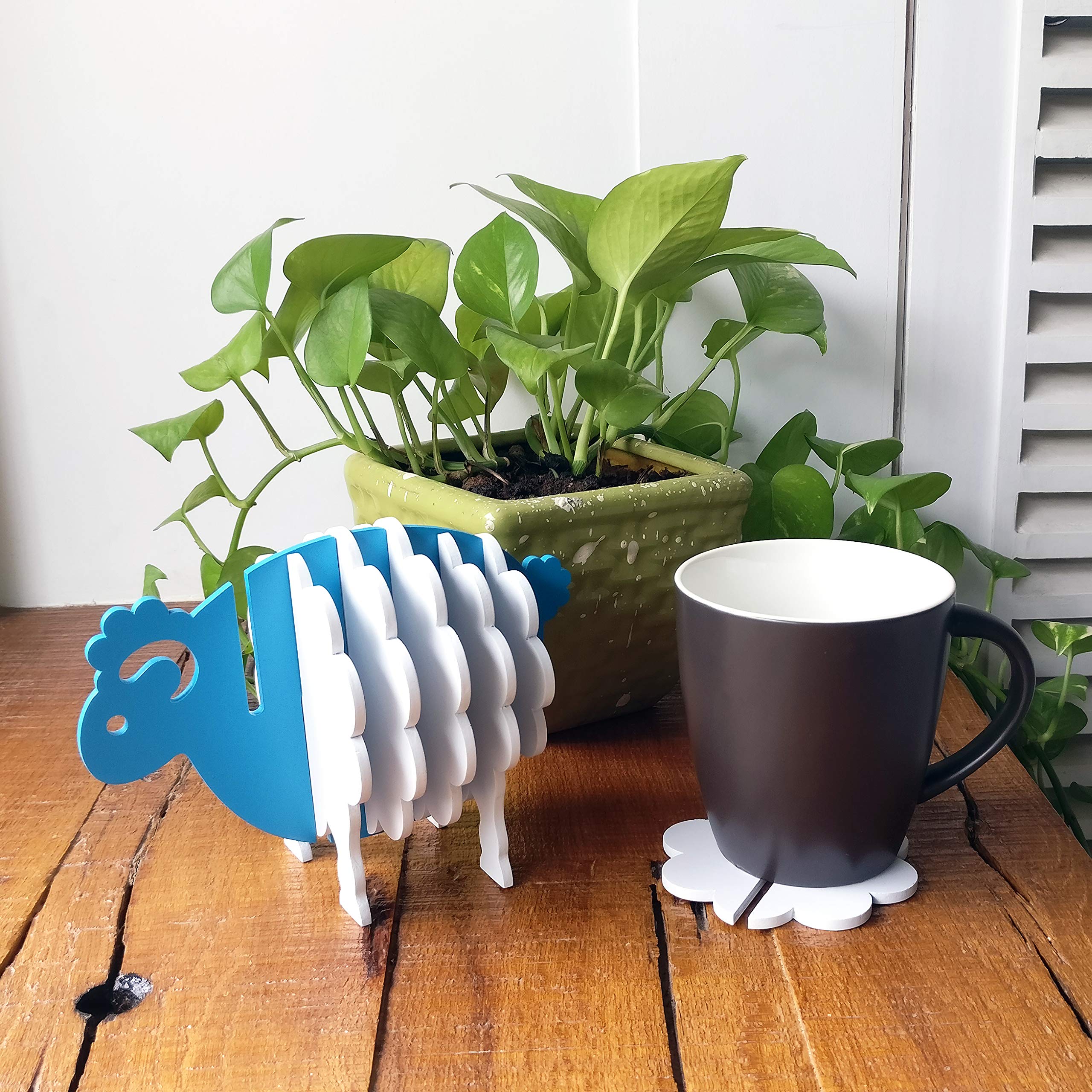 BRAHMA DESIGN Sheep Design Blue and White Coaster Set - Kitchen, Dining, Serving & Desk Coaster Set is Made of Wood with Paint and Melamine Finish