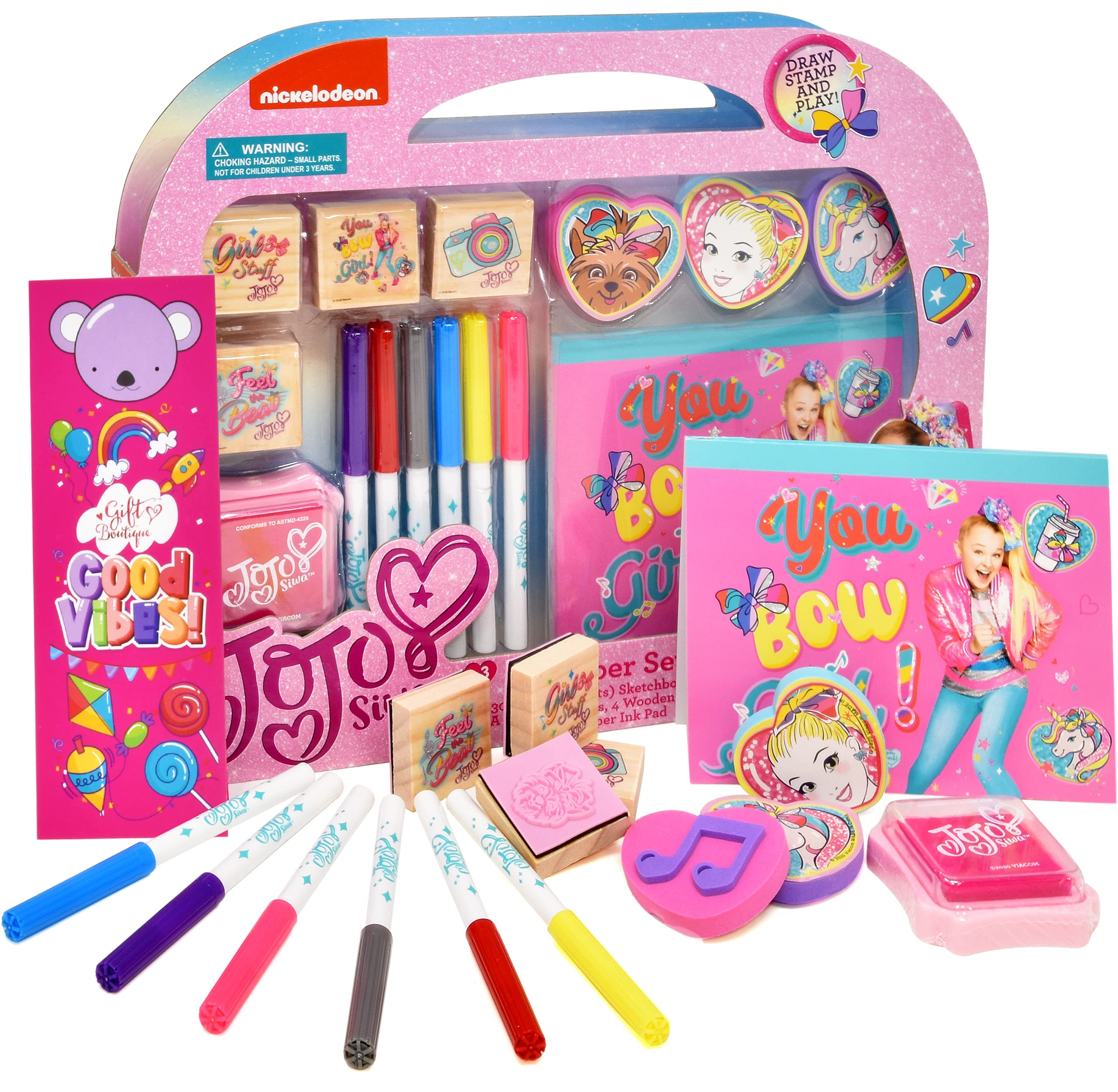 JojoSiaw Coloring Stamper and Activity Set, Mess Free Craft Kit for Toddlers and Kids, Drawing Art Supplies Included Markers, Sketch Book, Ink Pad, GB Bookmark, 3 Foam and 4 Wooden Stampers for Girls