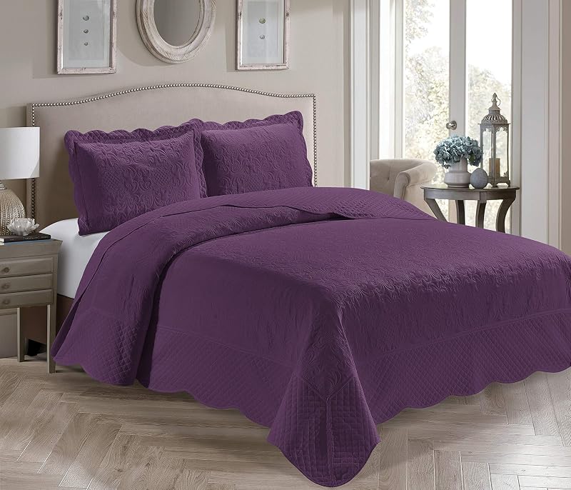 Home Collection 3 Piece King/California King Over Size Embossed Solid Purple Color Coverlet Bedspread New # Veronica