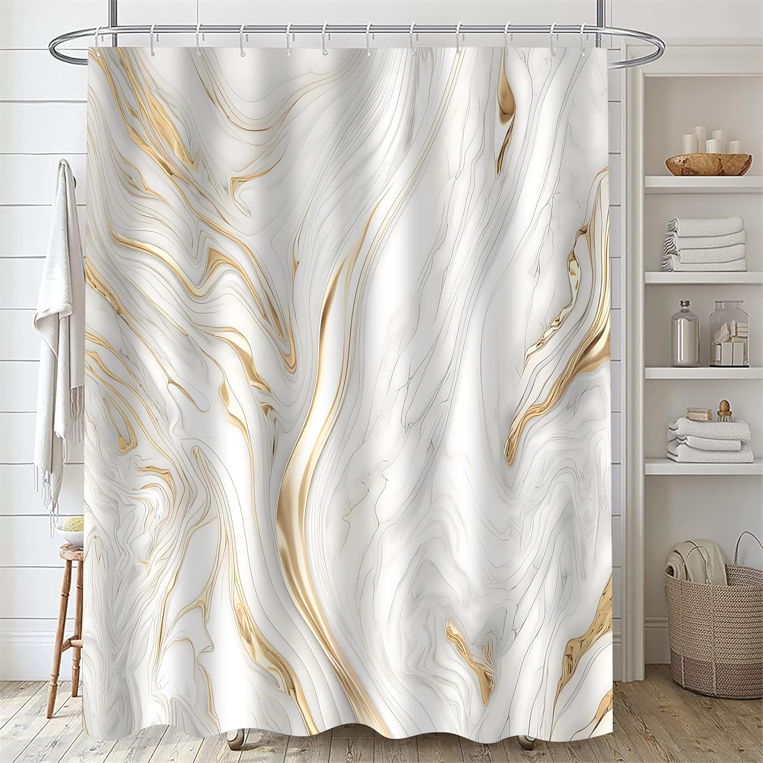 Nkzply 4Pcs White and Gold Marble Shower Curtain Set Bathroom Set with Rugs image 2