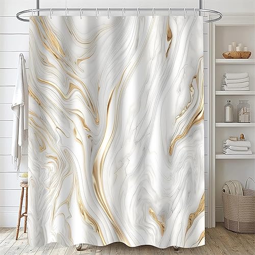 Vista 15 de Nkzply Juego de 4 cortinas de ducha de mármol negro con alfombras, juegos de baño dorados con cortina de ducha y alfombras, accesorios de decoración