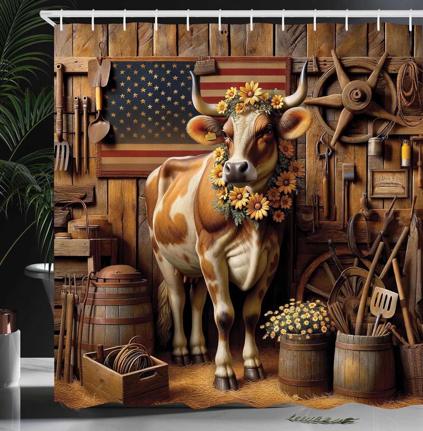 Ambesonne Rustic Shower Curtain, Farmhouse Themed Cottage Core Barn Cow with Sunflowers and Grunge Old Glory, Cloth Fabric Bathroom Decor Set with Hooks, 69" W x 84" L, Amber and Caramel
