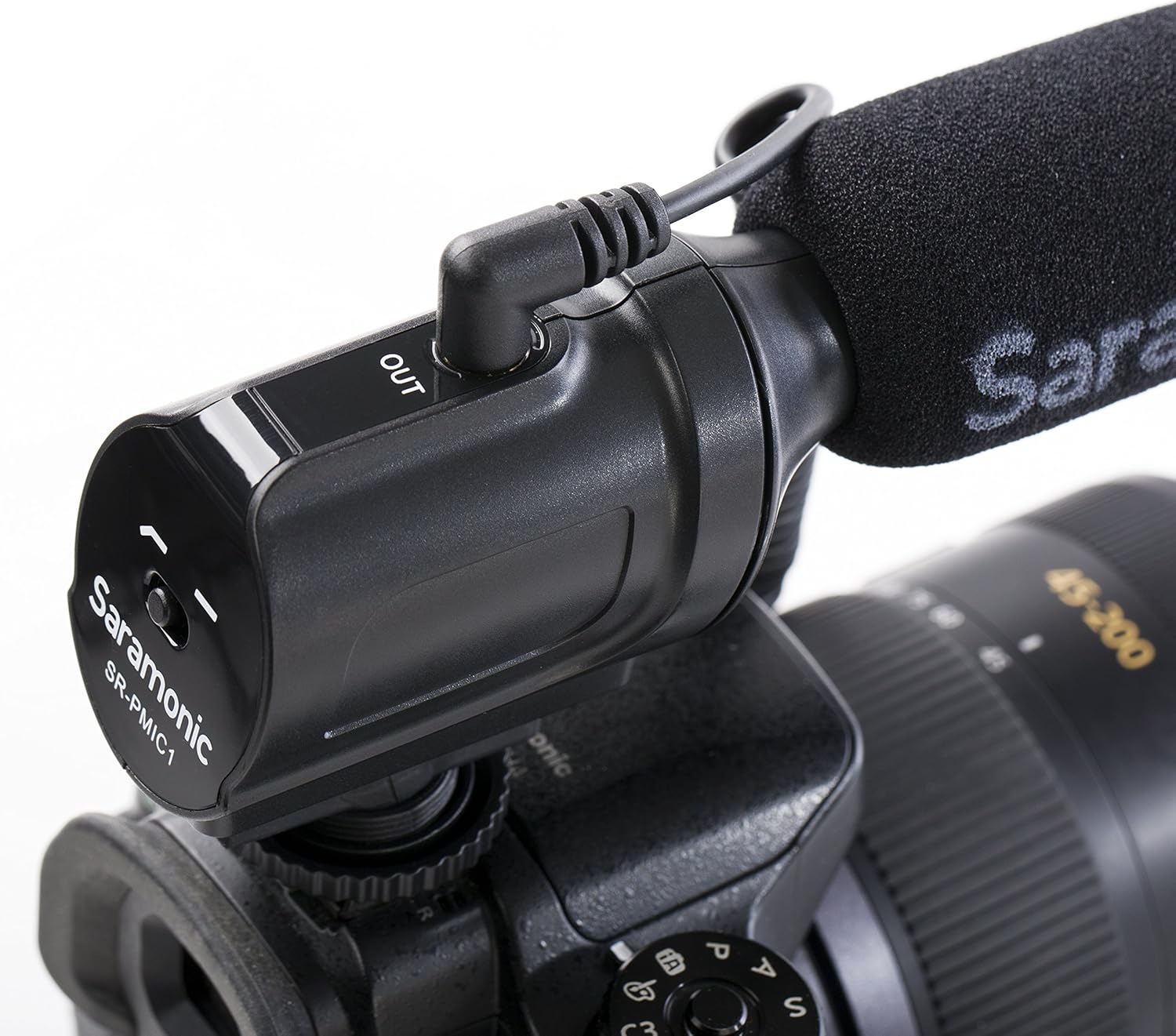Close-up of Saramonic SR-PMIC1 microphone showing the low-cut filter switch and output port