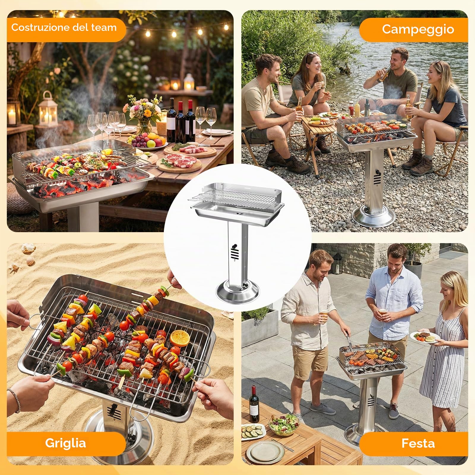 TLGREEN Barbecue a colonna in acciaio inox, Barbecue da esterno 52*32*84cm, Con griglia cromata, Cassetto cenere e ventilazione, Altezza regolabile in 3 posizioni, per Outdoor, Camping, BBQ, Spiagge