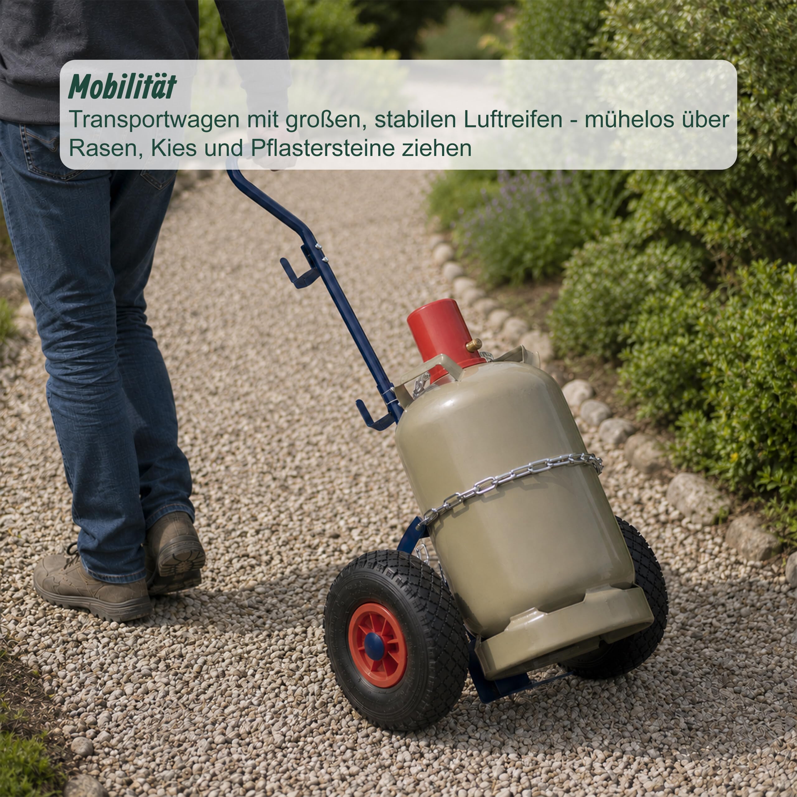 Relaxdays Transportwagen für Gasflaschen, für 3 & 5 kg Flaschen, Luftreifen, Stahl, Gasflaschenwagen, blau/rot