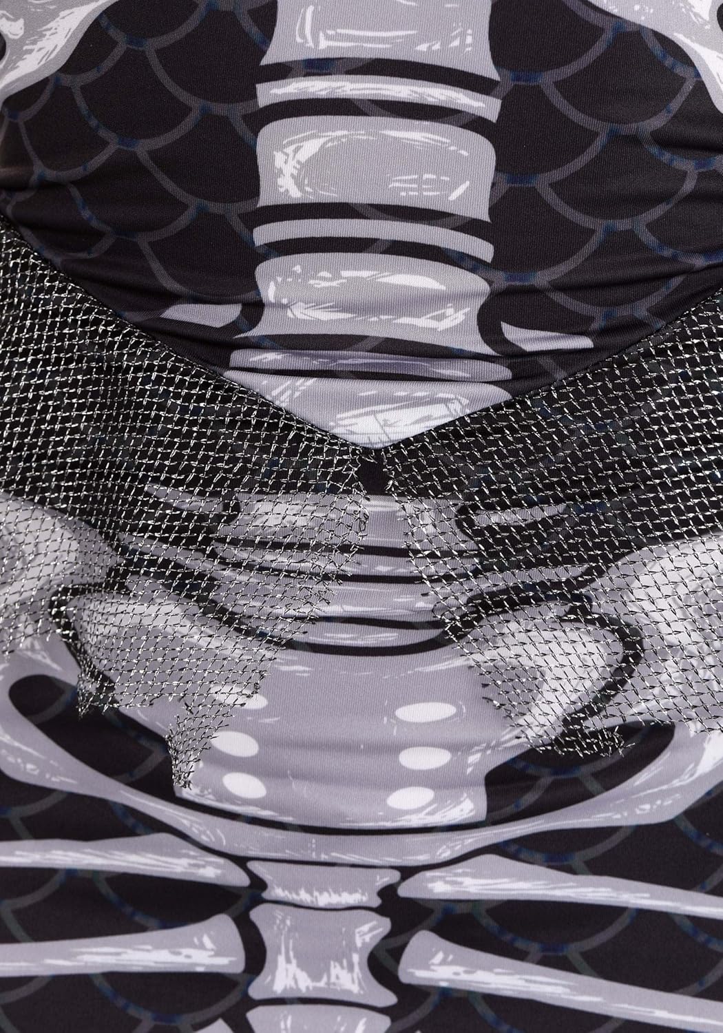 Women's Spooky Siren Costume, Skeleton Mermaid Dress Halloween Costume with Printed and Ruffled Mesh Details - Image 4