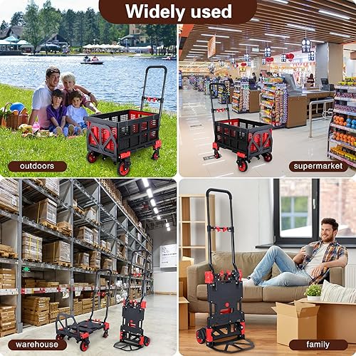Miniatura 6 de Carro de mano 2 en 1 plegable con cesta plegable, carretilla de mano de capacidad de 330 libras, carrito de mano plegable con 4 ruedas, carrito con