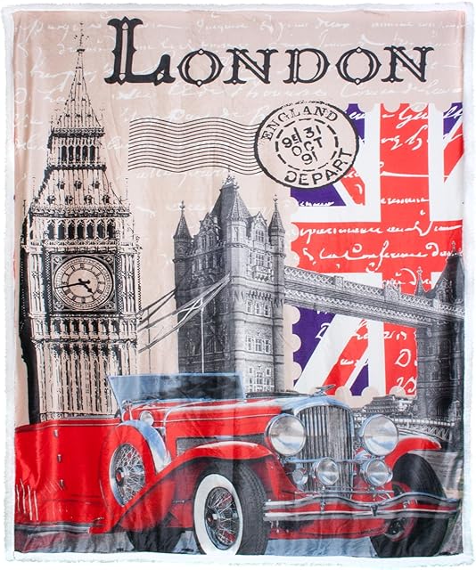 CelinaTex kocyk przytulanka 130 x 170 cm London czerwony nadruk z motywem futrzany kocyk imitacja dwustronnego kocyka Nicki futro imitujące polar Quinta