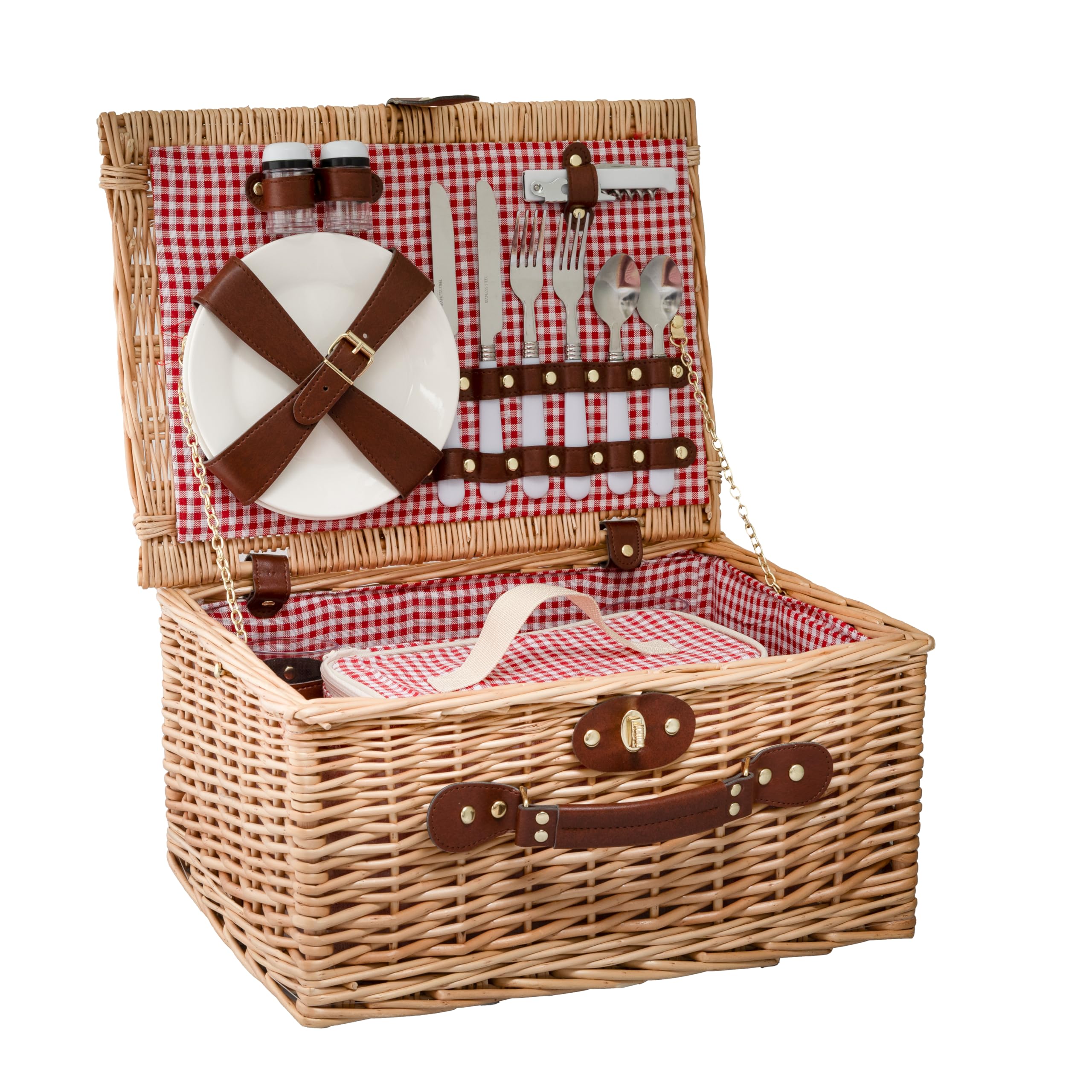 Arthur Cameron - Deluxe Hand-crafted Wicker Picnic Basket for 2 People - Complete with Matching Removable Cooler Bag and Serveware - 2 Person Small Picnic Basket with Handle (Red Gingham)