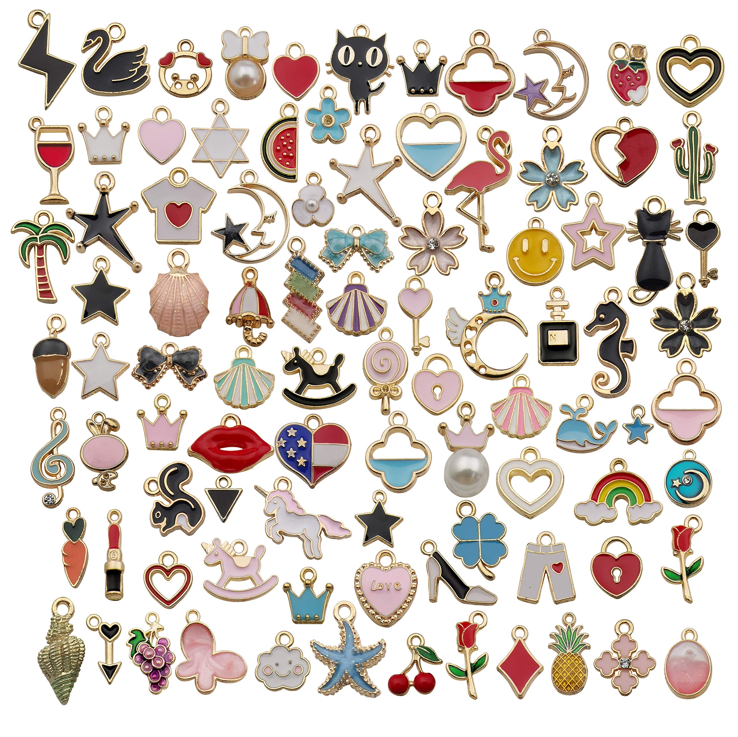 90 Pieces Charms Assorted Gold Plated Enamel Charm Animal Moon Star Fruit Mixed Charms for Bracelet Necklace Jewelry Making …