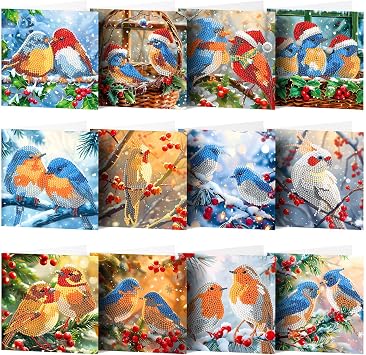 LUSandy 12 Packs DIY 5D Diamond Painting Christmas Cards Kits for Adults Christmas Birds Diamond Art Greeting Cards with Envelopes Gem Art Gifts for Xmas Family and Friends