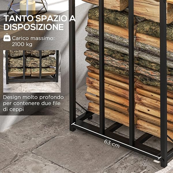 Outsunny Legnaia da Esterno in Metallo con Tetto in Policarbonato, Portalegna con Capacità di Carico 2100kg, 185x67x185 cm, Nero - 4