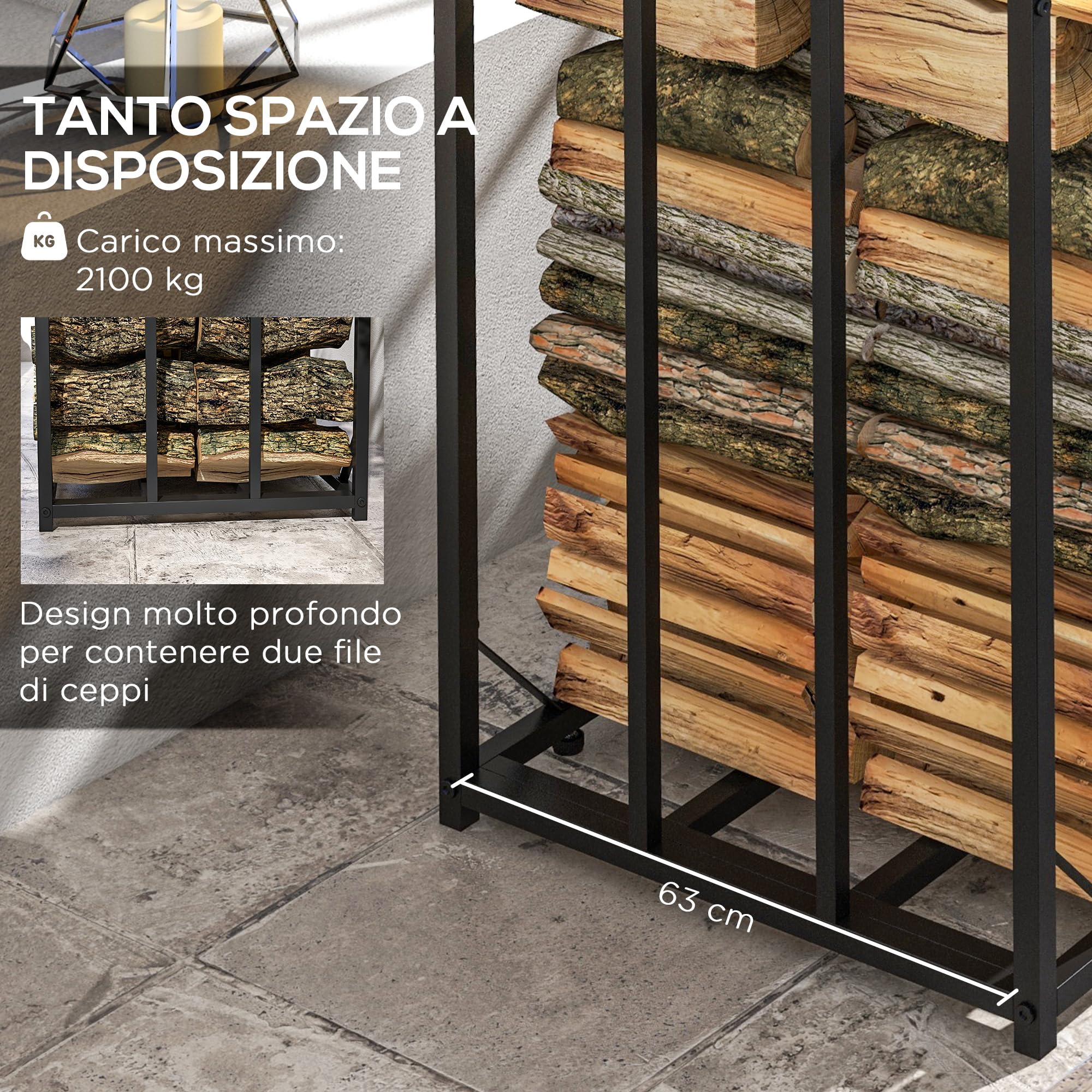 Outsunny Legnaia da Esterno in Metallo con Tetto in Policarbonato, Portalegna con Capacità di Carico 2100kg, 185x67x185 cm, Nero