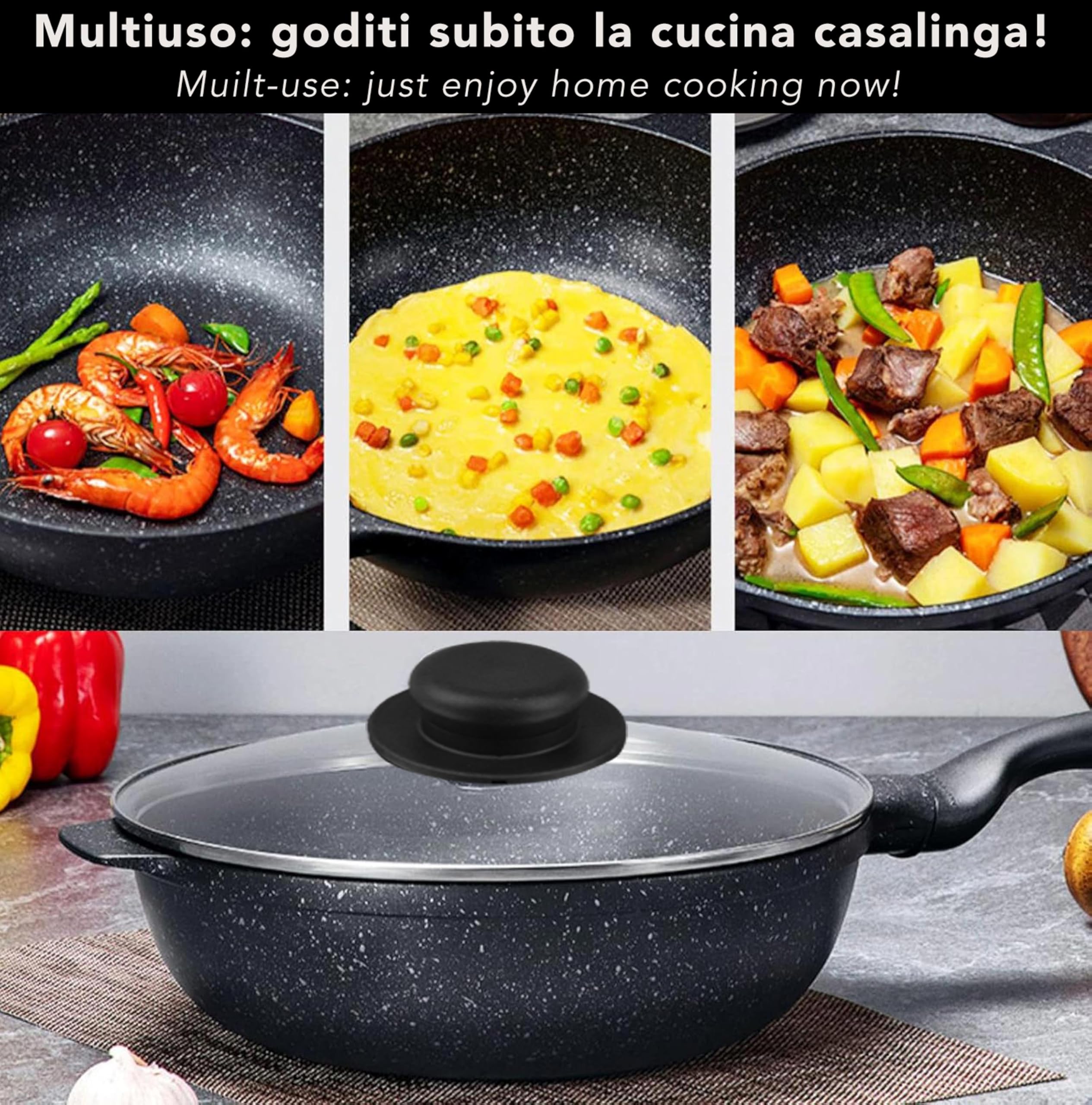 IPEA Coperchio per Padella o Pentola in Vetro Temperato - 18/20 / 22/24 / 26/28 / 30/32 cm - Trasparente Rotondo Universale con Pomello per Pentole e Cucina - Lavabile Lavastoviglie - 28 CM