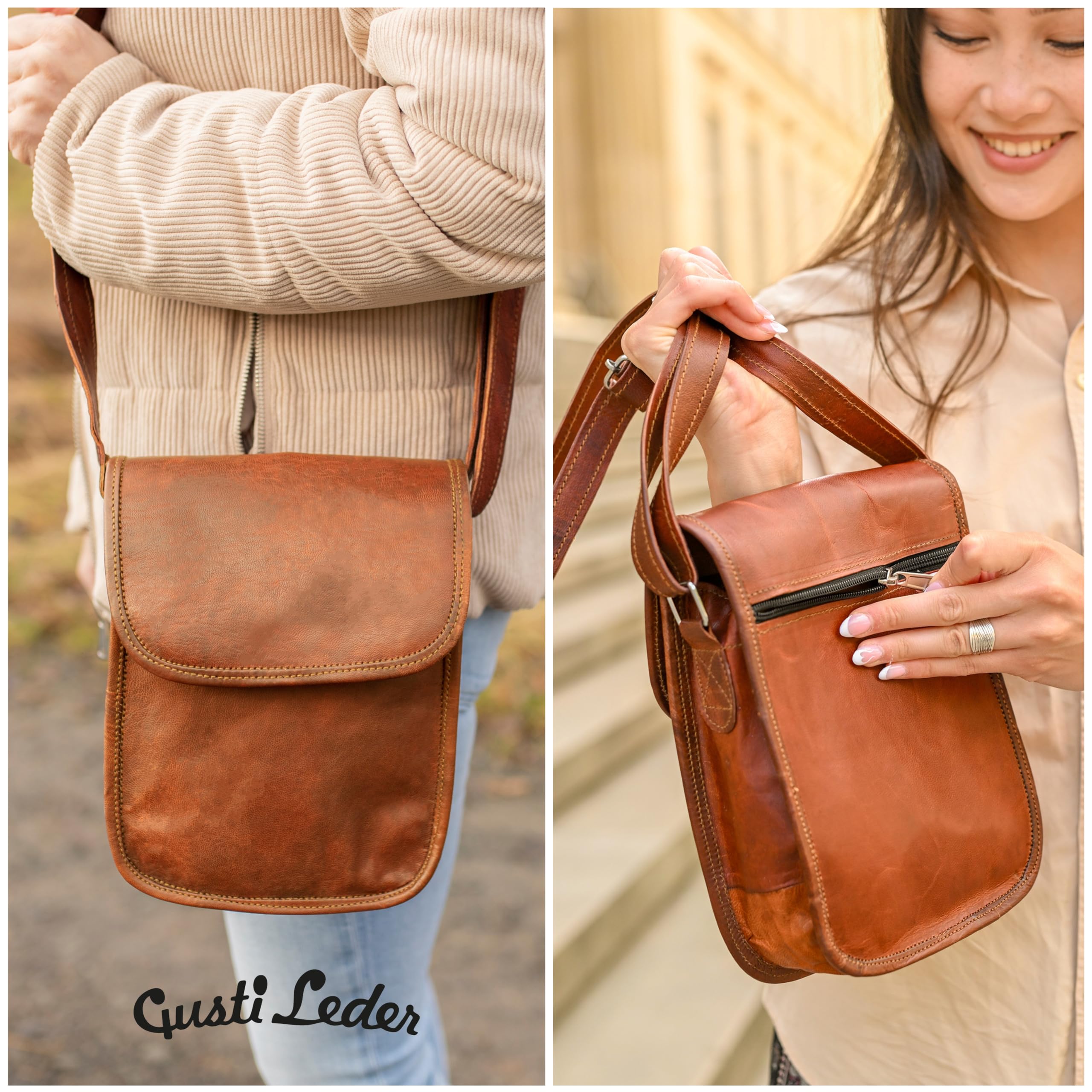 Gusti Cuero nature "Garan" Bolso Bandolera Auténtico Tablet 7,9" Universidad Trabajo Tiempo Libre Vintage Retro Mujer Piel de Cabra Marrón K66b