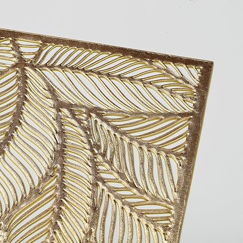 Miniatura 2 de fanquare Juego de 6 manteles individuales rectangulares de PVC para mesa de comedor, color dorado metálico con diseño de hojas huecas,
