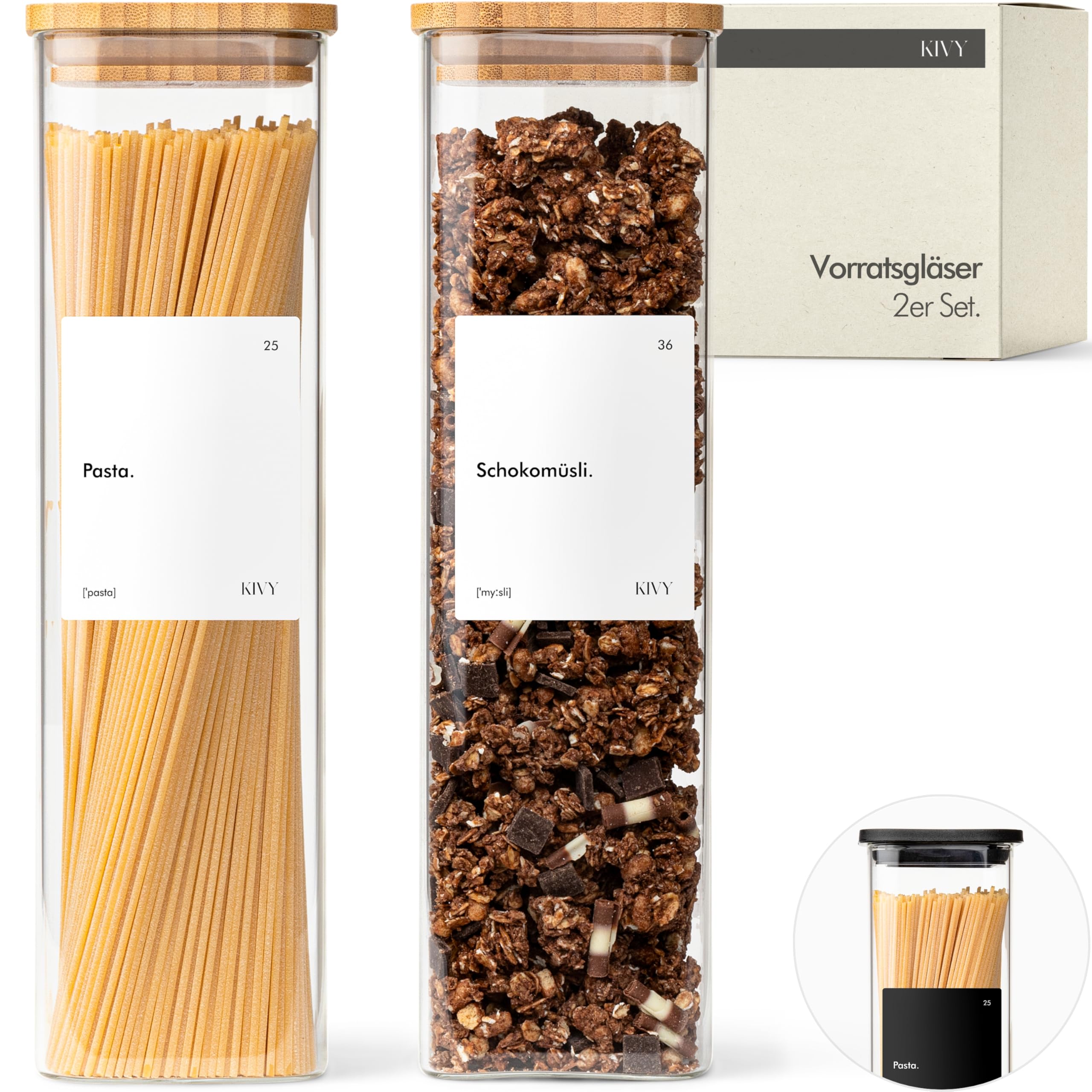 KIVY Square Storage Jars [2 x 1800 ml] + Labels - Stackable & Airtight Storage Jars with Lid - Pasta Jars with Lid - Spaghetti Storage Glass Large - Noodle Glasses