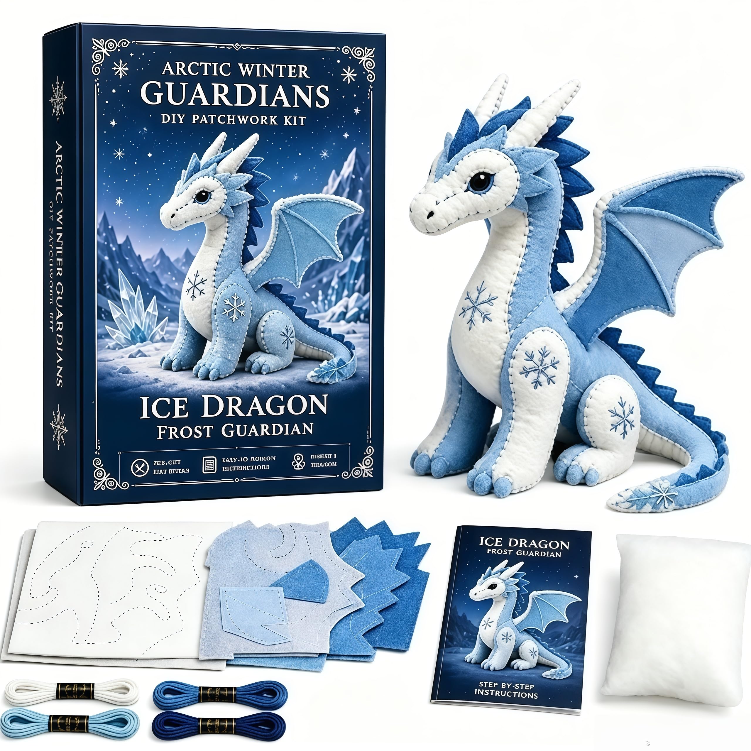 Winter Guardians DIY Patchwork Kit, Felt Animal Sewing Kit for Beginners, 3D Stuffed Animals Mythical Creature, Pre-Cut Handmade Craft Kit for Home Decor & Creative Gift (D)