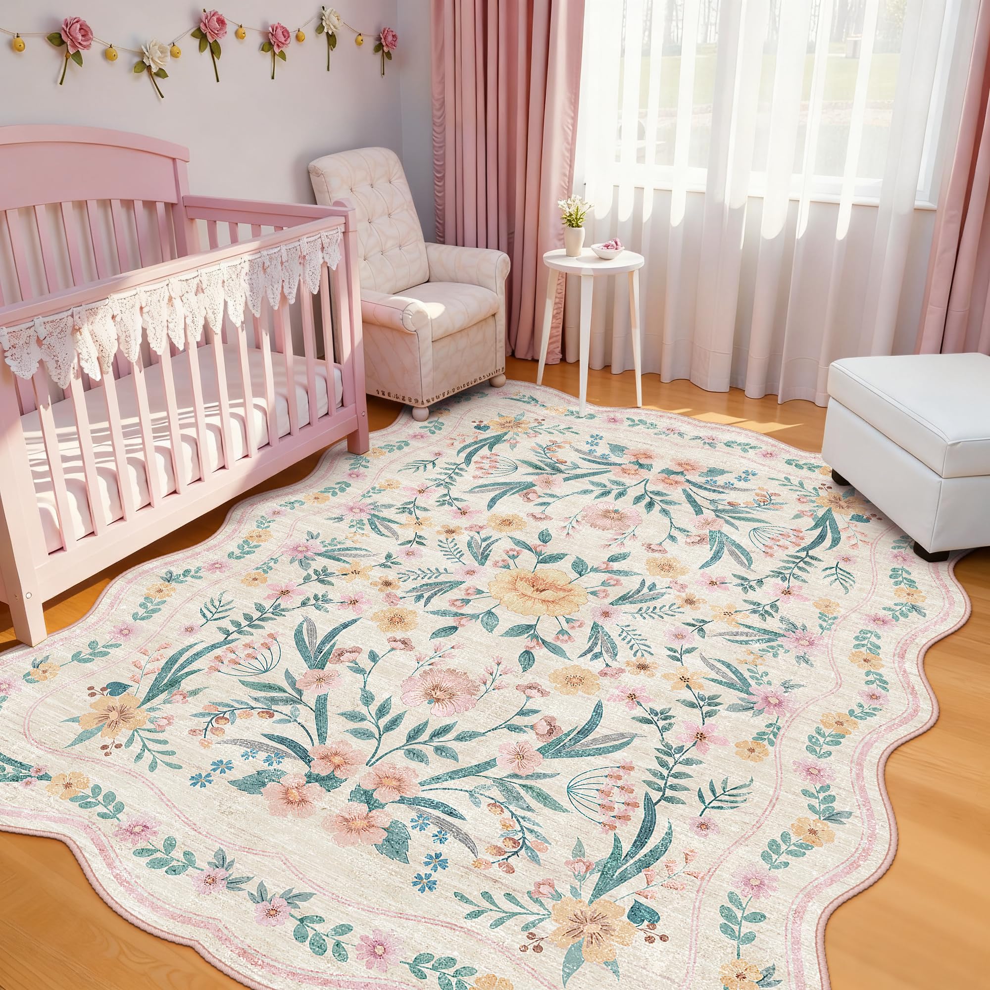 Dadasgk Scalloped Pink Floral Rug 6x9, Washable Soft Faux Wool Area Rug for Living Room, Cute Boho Non-Slip Carpet for Kids Room, Nursery, Bedroom or Office