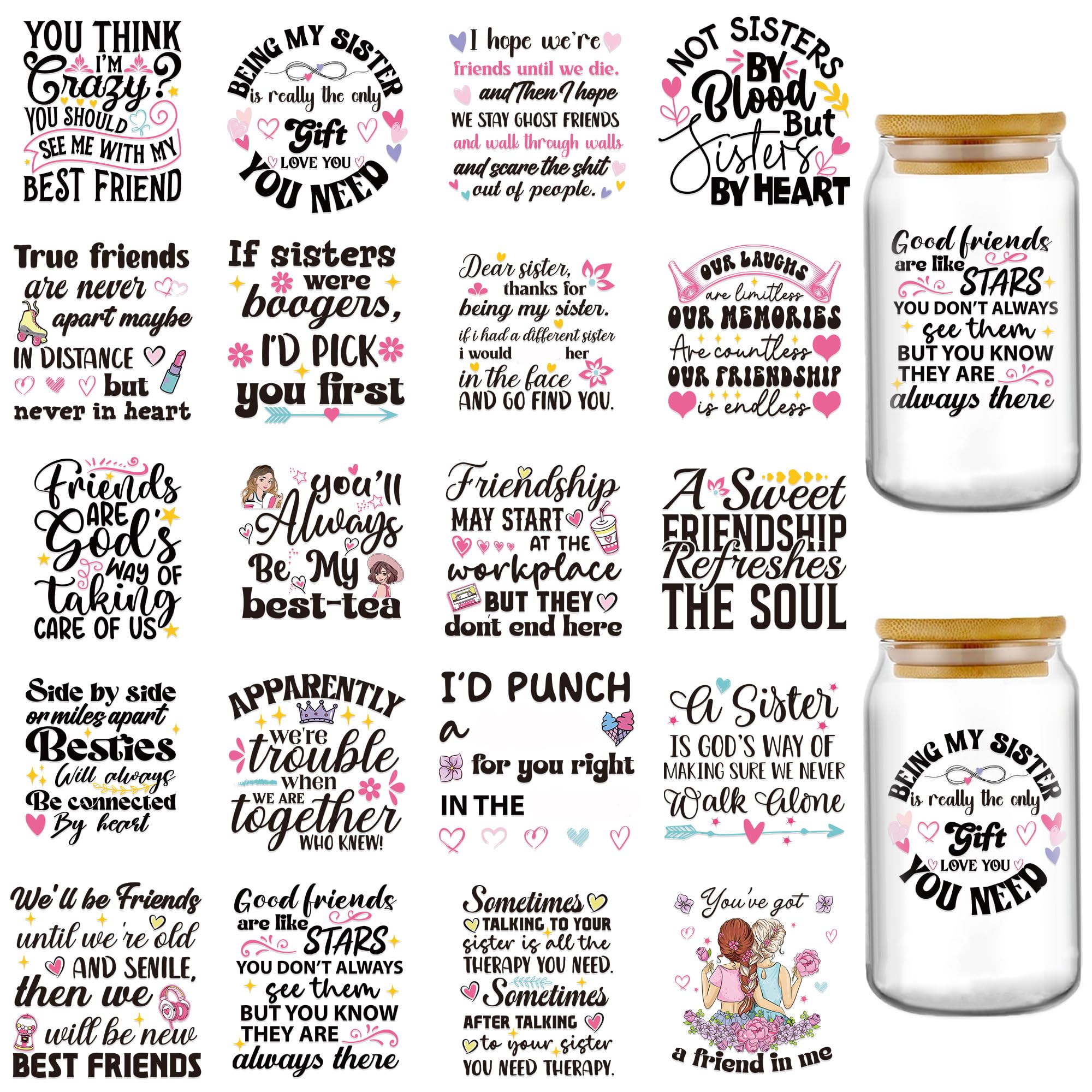 20 UV DTF Aufkleber Für Glasbecher – Sisters & Besties Motive