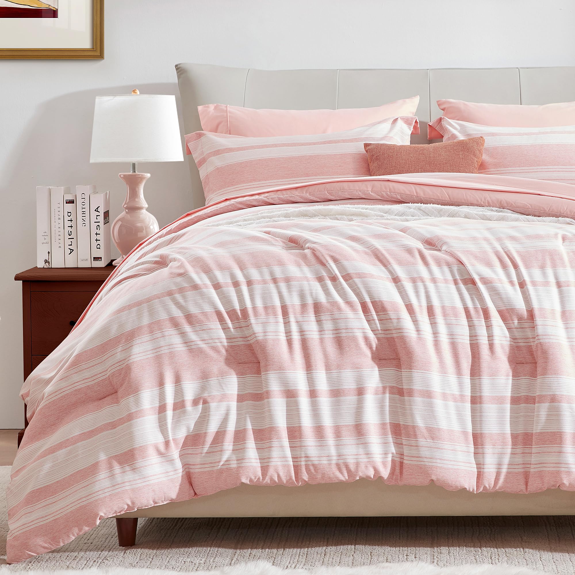 UNILIBRA Full Size Comforter Set, 7 Pieces Bed in a Bag Pink Striped, Lightweight Cationic Dyeing Bedding Sets for All Seasons with Comforter, Flat Sheet, Fitted Sheet, Pillow Shams, Pillowcases