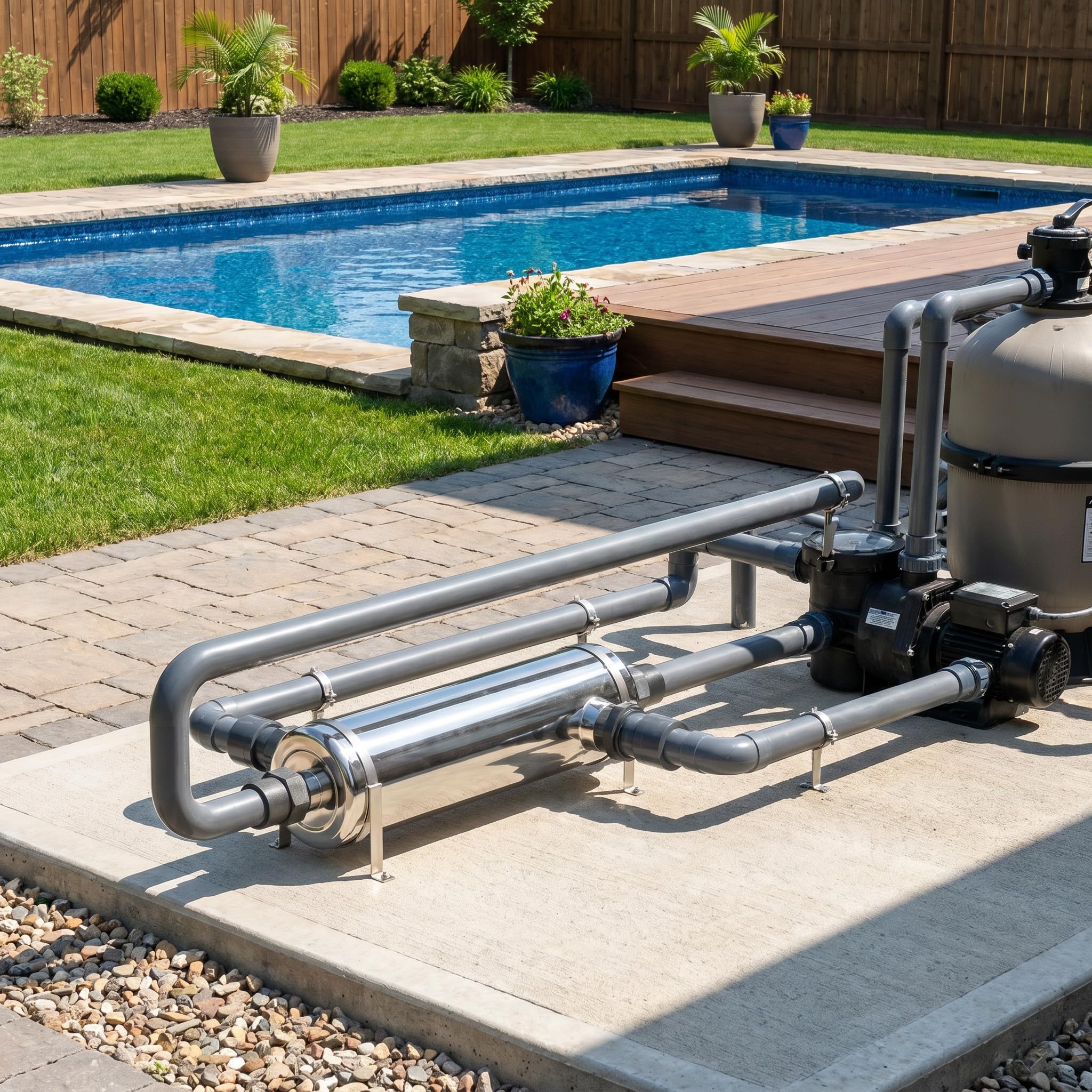 XMTECH Edelstahl Pool Wärmetauscher 40KW, Gegenstrom Schwimmbad Wärmetauscher für Poolheizung, geeignet für chlorhaltiges Schwimmbadwasser, stromloser Betrieb, für Pool, Whirlpool & Spa-Anlagen
