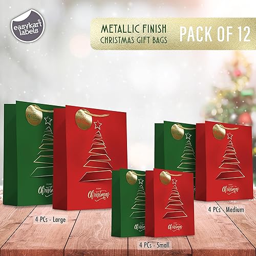 Miniatura 2 de easykart labels 12 bolsas de regalo de Navidad, rojo y verde metálico y acabado de textura con árbol de Navidad dorado y brillante, varios tamaños