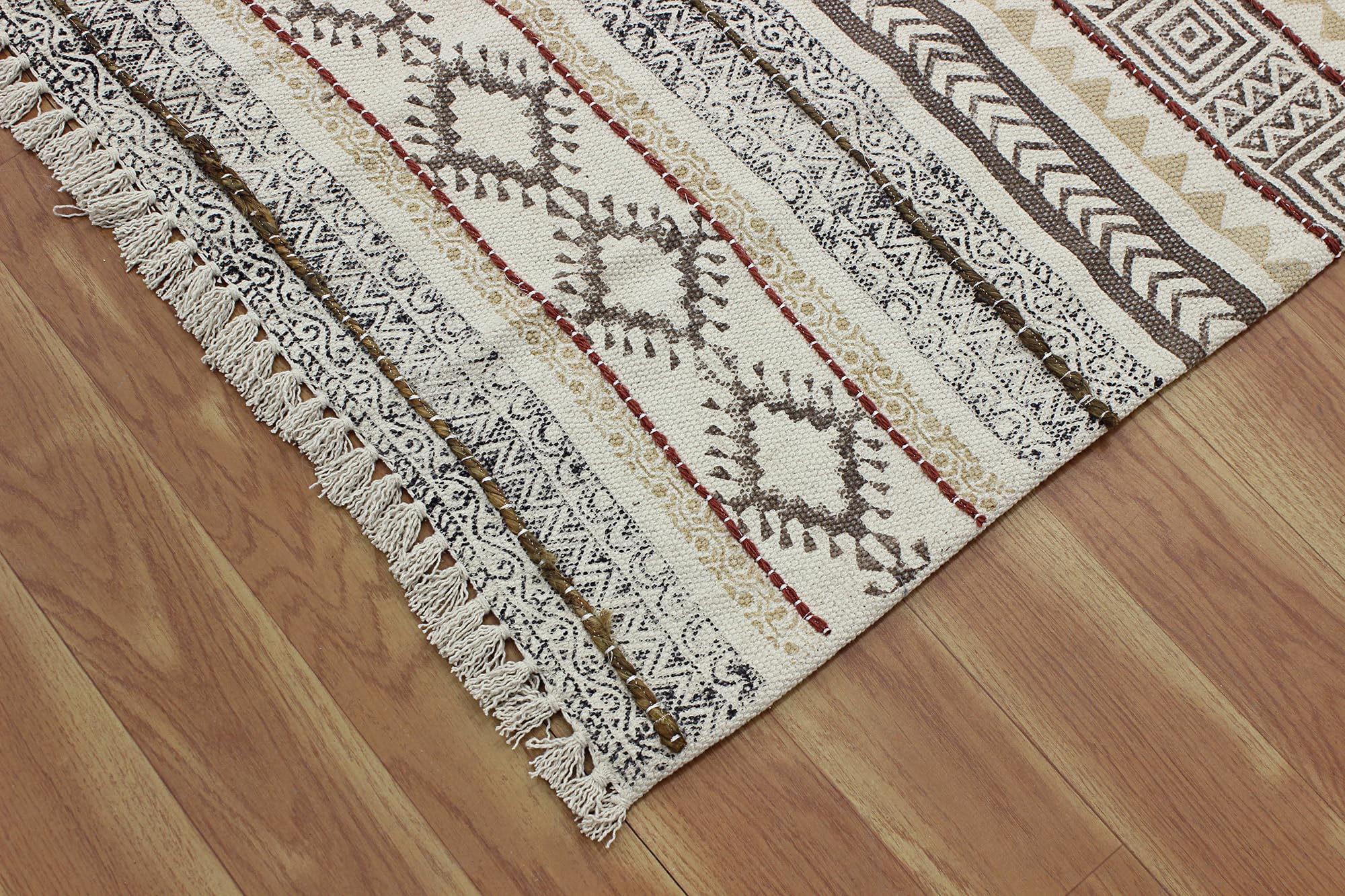 Kilim Bieżnik bawełniany 2,6 x 4, beżowy i brązowy chodnik boho, do wewnątrz, na zewnątrz, bieżnik, 0,5 cm, kamień, łatwy do prania, pranie ręczne, bawełniany dywan, płaski splot chodników do kuchni,