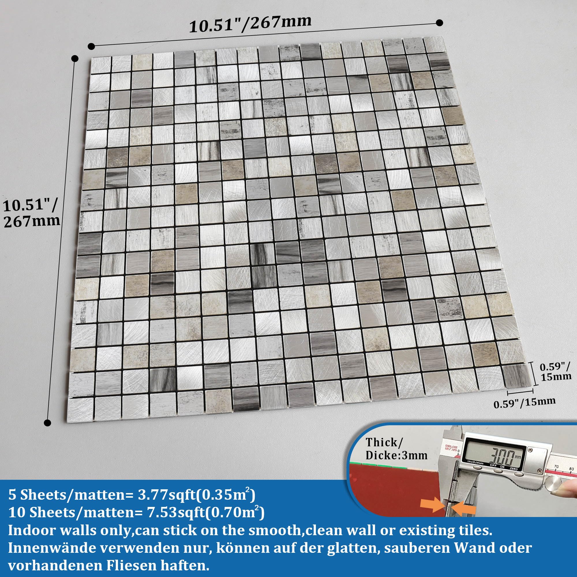 Mosaikfliesen Selbstklebend Küche 3D Wandfliesen Aufkleber Metallfliesen Quadratisch Grau 10 Stück