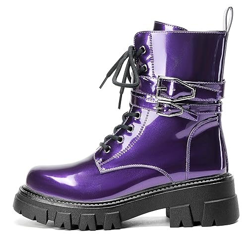 ElegaStep Women's Combat Boots Rave Boots for Women Booties Motorcycle Fashion Buckle Goth Chunky Heel - 12 - Patentpurple