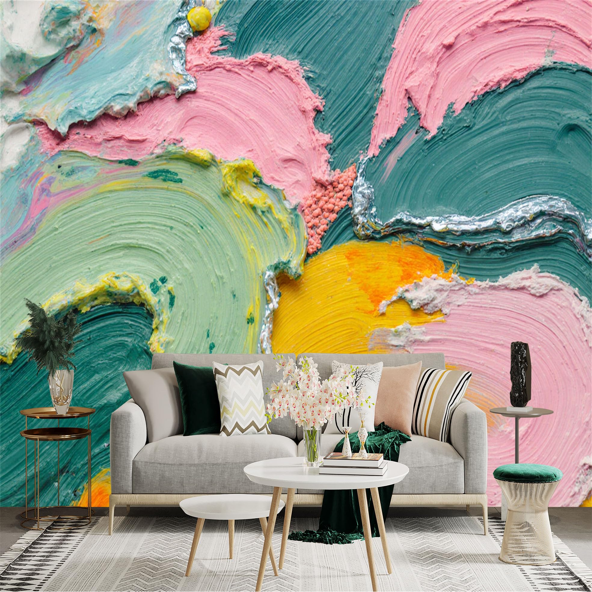 Custom Size Wall Sticker Mural， Colorful Abstract Oil Painting， Heavy Impasto Texture， Modern Artistic Strokes， Vibrant Palette Knife Art， for wall Decoration， peelandstick wall Decals.