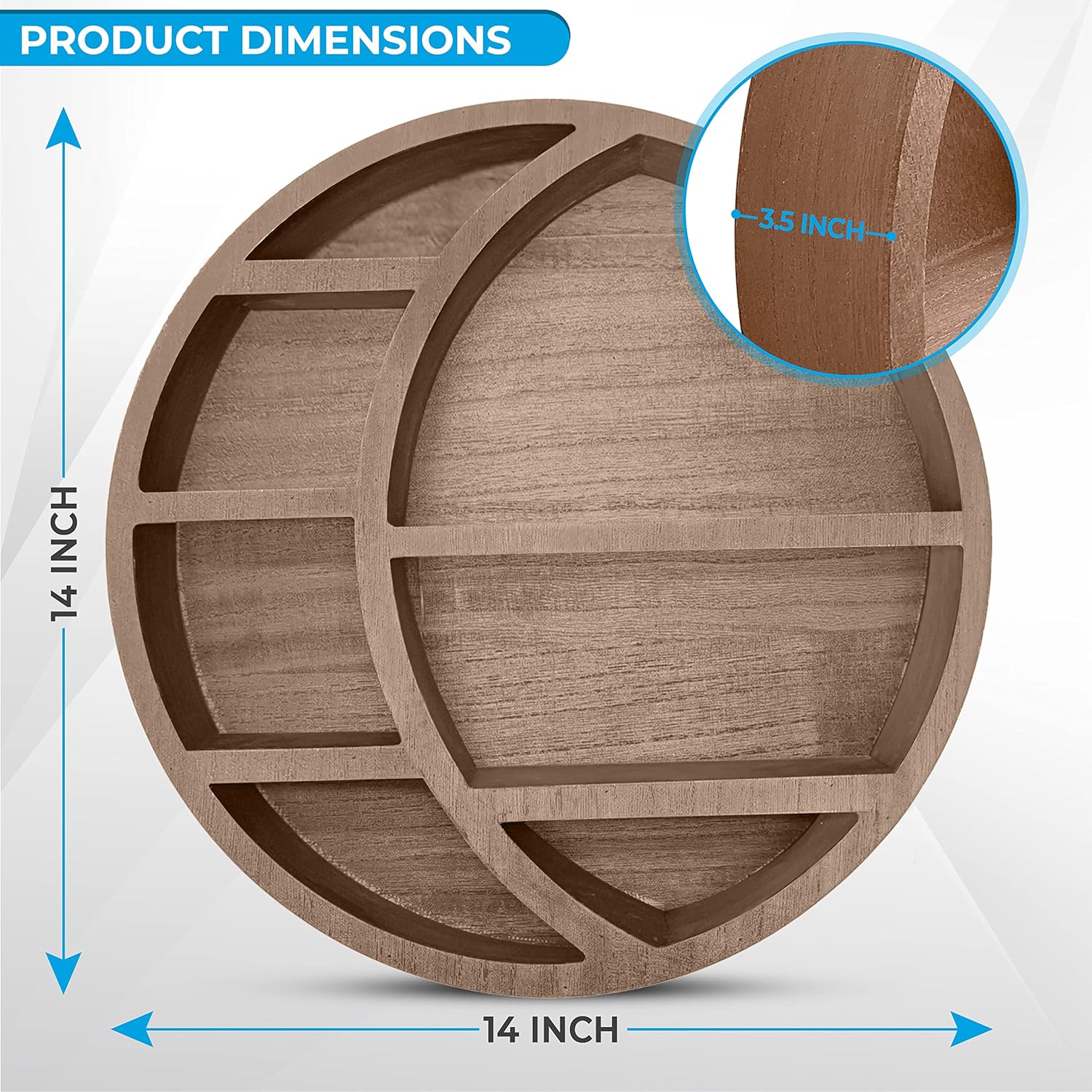 Wooden Floating Moon Shelf Wall Decor - Decorative Boho Home Hanging Display Shelf for Bedroom, Dorm, Nursery - Easy Mount Storage for Crystals and Essential Oils - 14 x 14 x 3.5 (Light Brown)