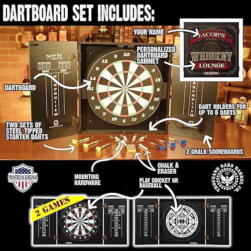 Miniatura 3 de THOUSAND OAKS BARREL CO.  Juego de gabinete de tablero de dardos personalizado para adultos con 6 dardos de punta de acero (tablero de dardos Whisky
