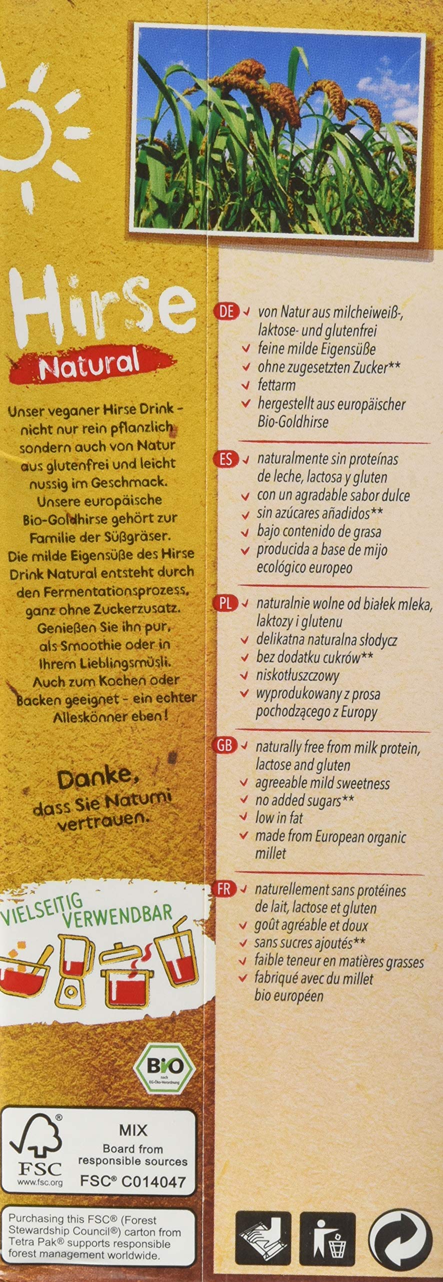 Natumi Hirsedrink Natural Ungesüßt Hirse Drink Bio Veganer Milchersatz, Neutral, 1 ltr (6er Pack)