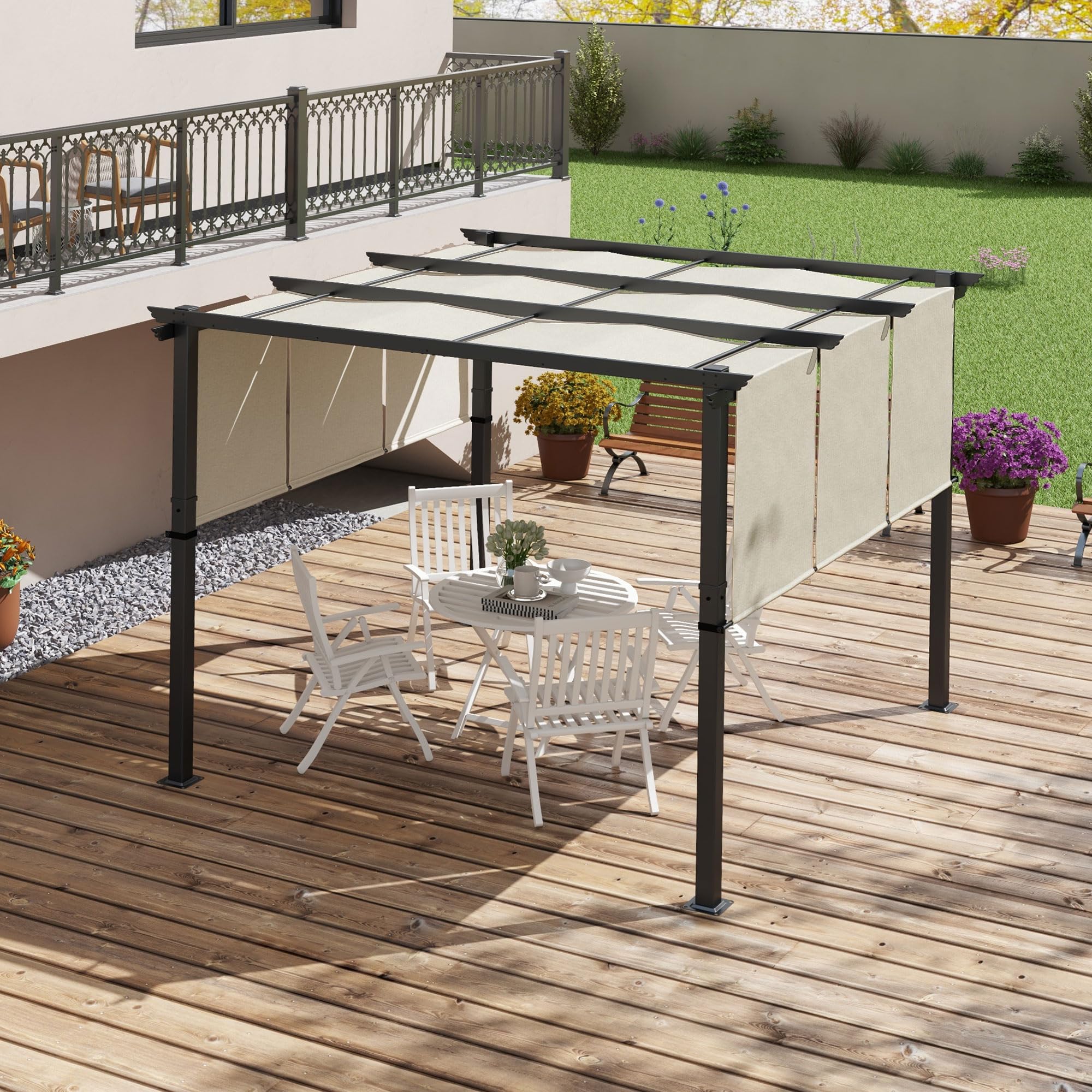 Outsunny Pergola avec 3 Toiles Coulissantes 3 x 3 x 2,38 m, Structure Acier Noir, Toile Polyester Haute Densité Beige