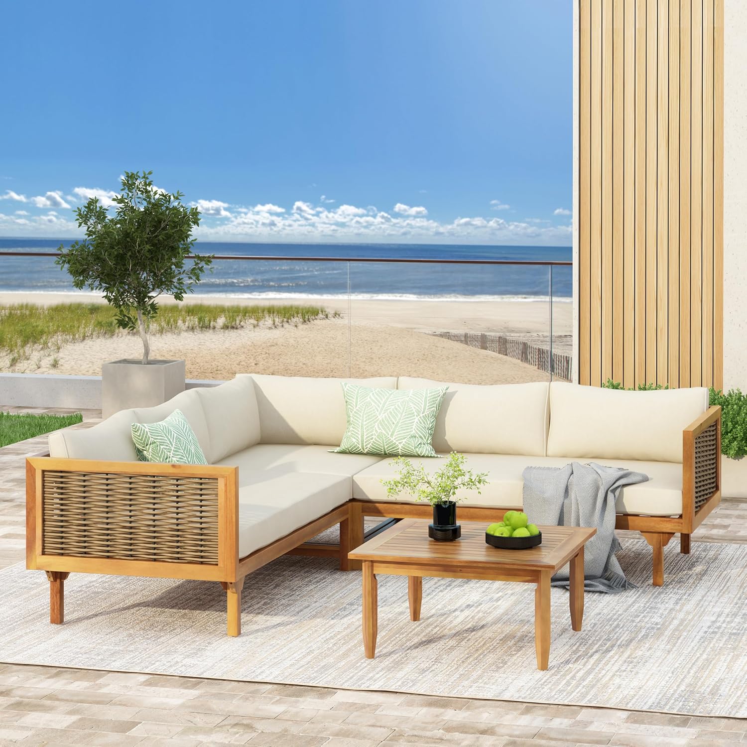 7pcs Outdoor Sectional Seating Group with Beige Cushions, Premium Pe Sofa Set for Patio, All Weather Modular Conversation Set, Brown Mix
