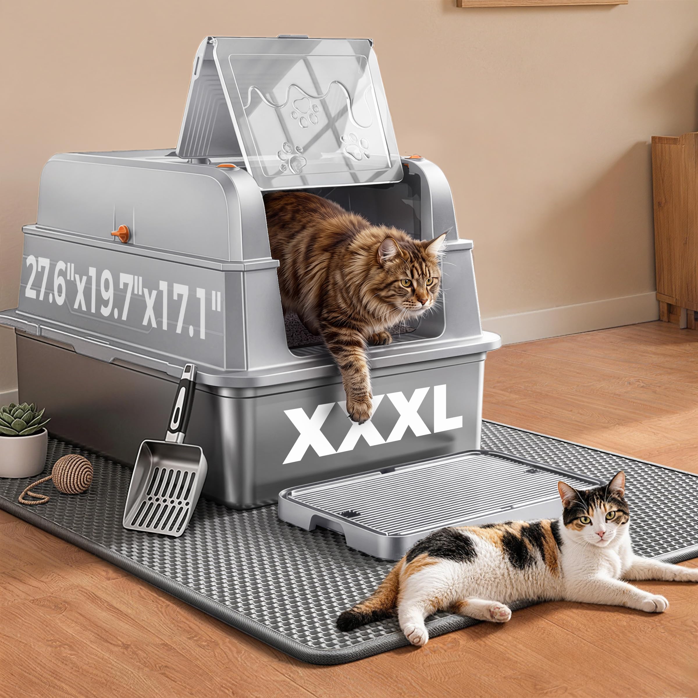 catlike 2026 upgrade 152l xxxl stainless steel cat litter box - 3-layer urine leak-proof, enclosed design w/charcoal filter for maine coon & multi-cat homes, includes metal scoop & mat