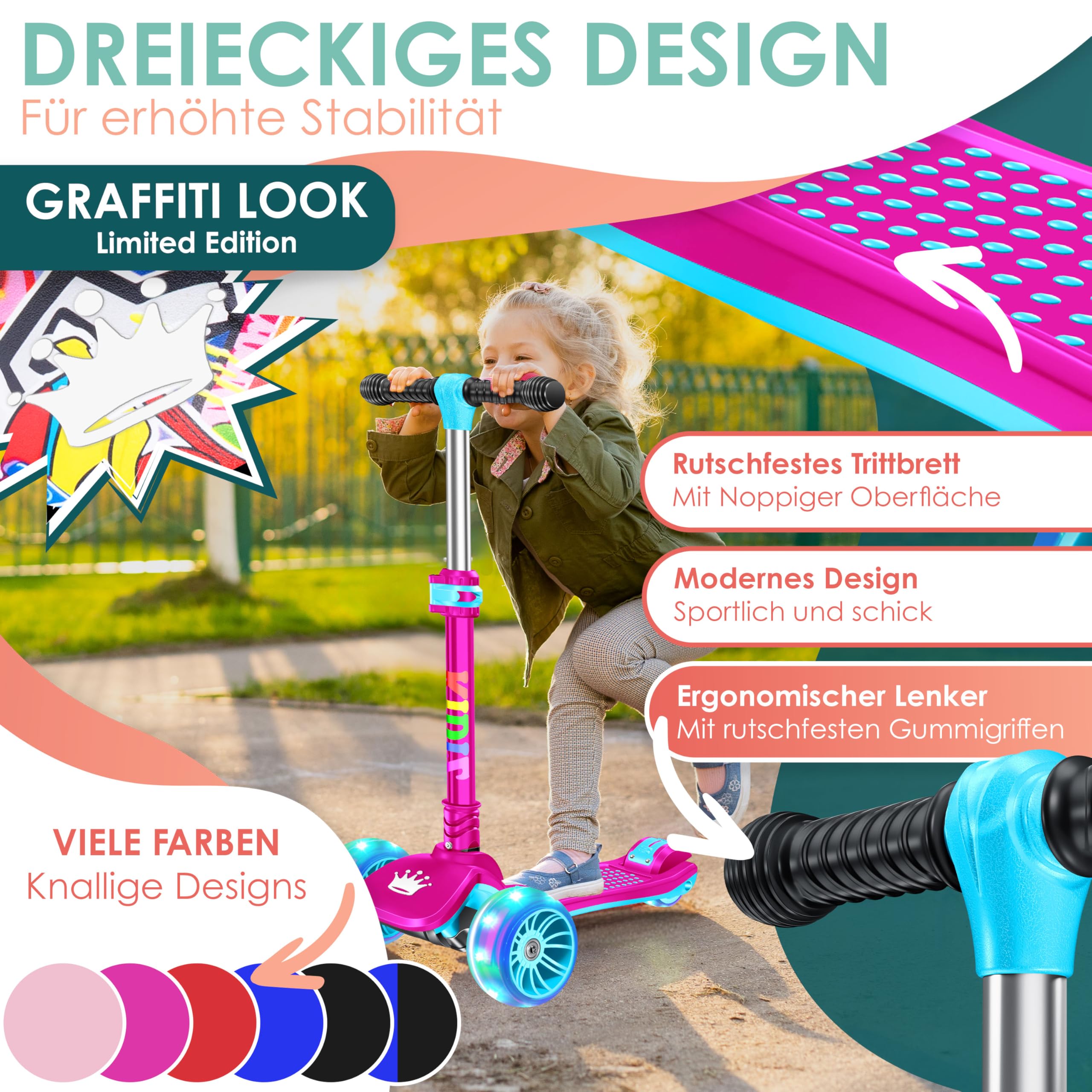 KIDIZ® Scooter per bambini X-Pro2 Triciclo con ruote luminose a LED in PU a pedali pieghevole da città regolabile in altezza per bambini ragazze 3-12 anni